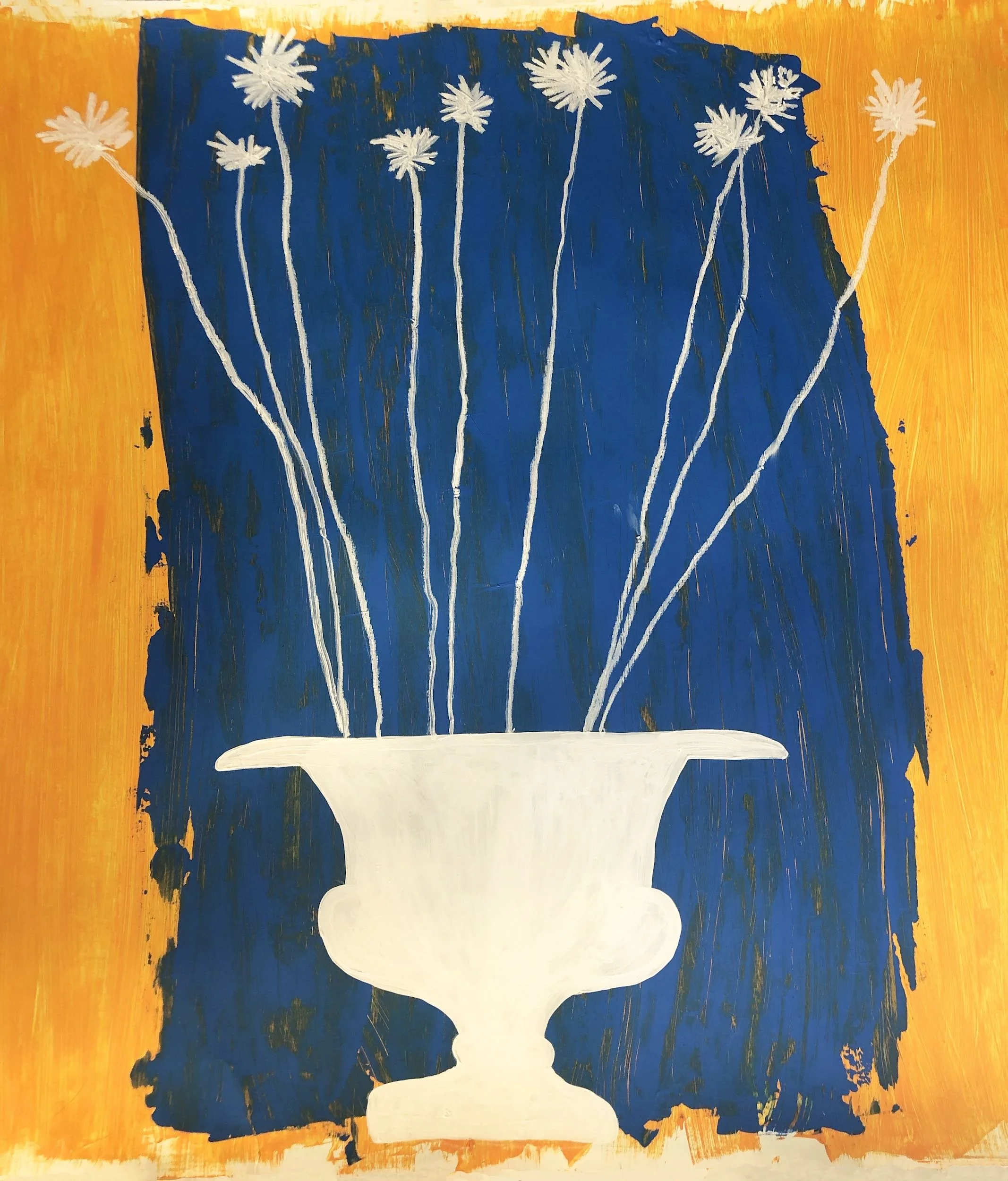 Abstract painting of white flowers in a white vase on a textured dark blue background, bordered by orange.