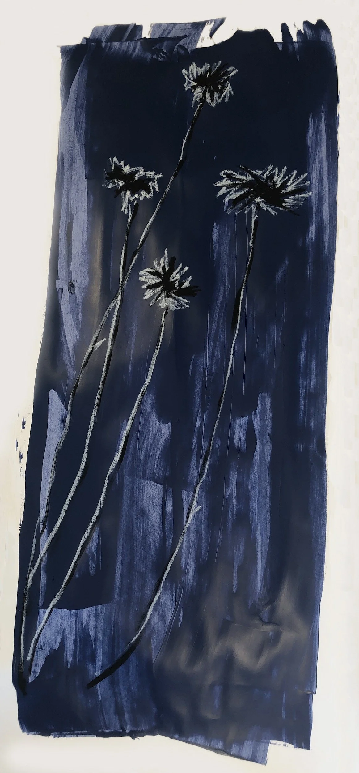 Black and white abstract painting of four flowers with long stems against a dark background.