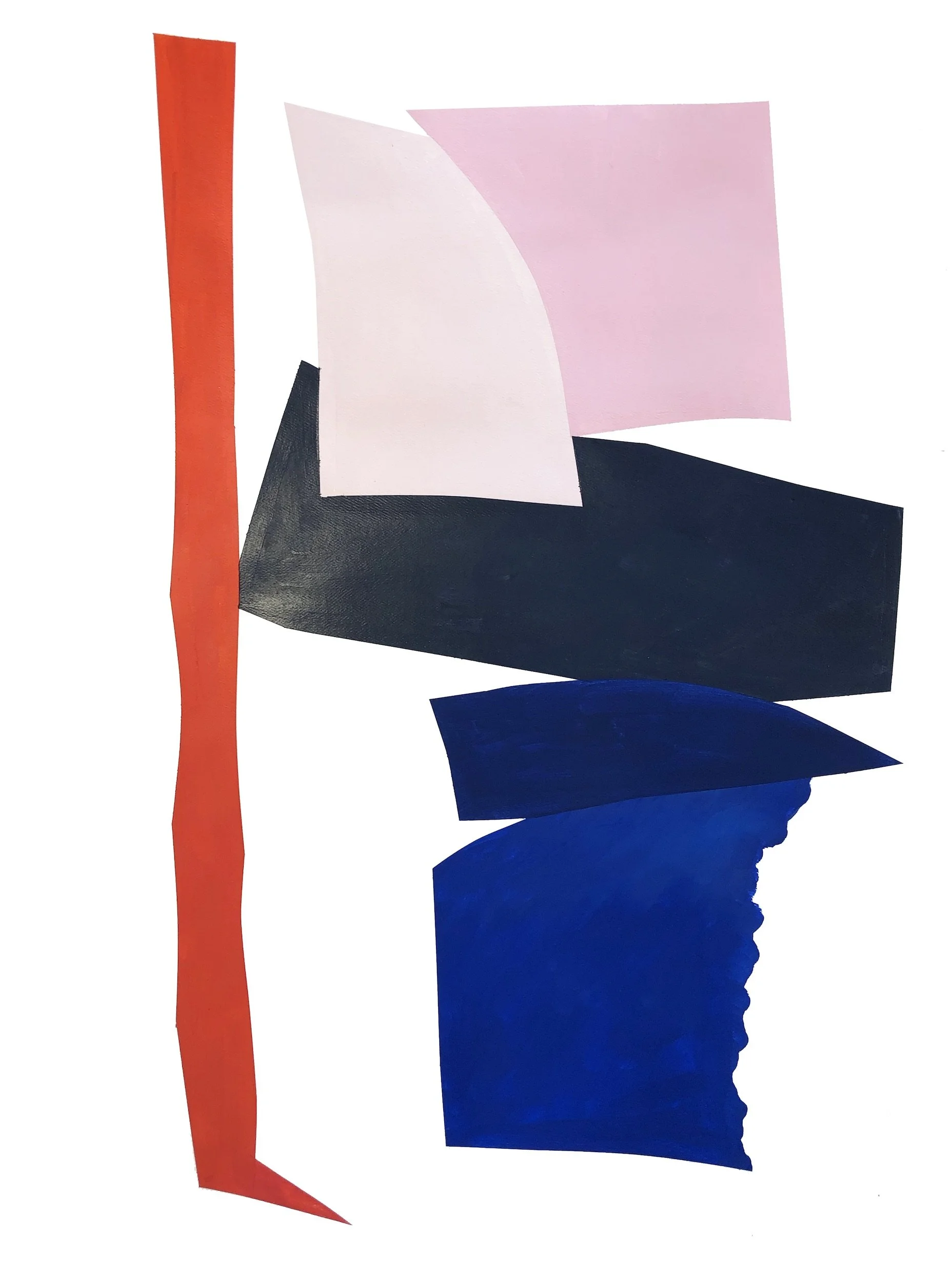 Abstract collage featuring various irregularly shaped paper cutouts in colors including red, pink, black, dark blue, and blue, arranged vertically and overlapping on a white background.