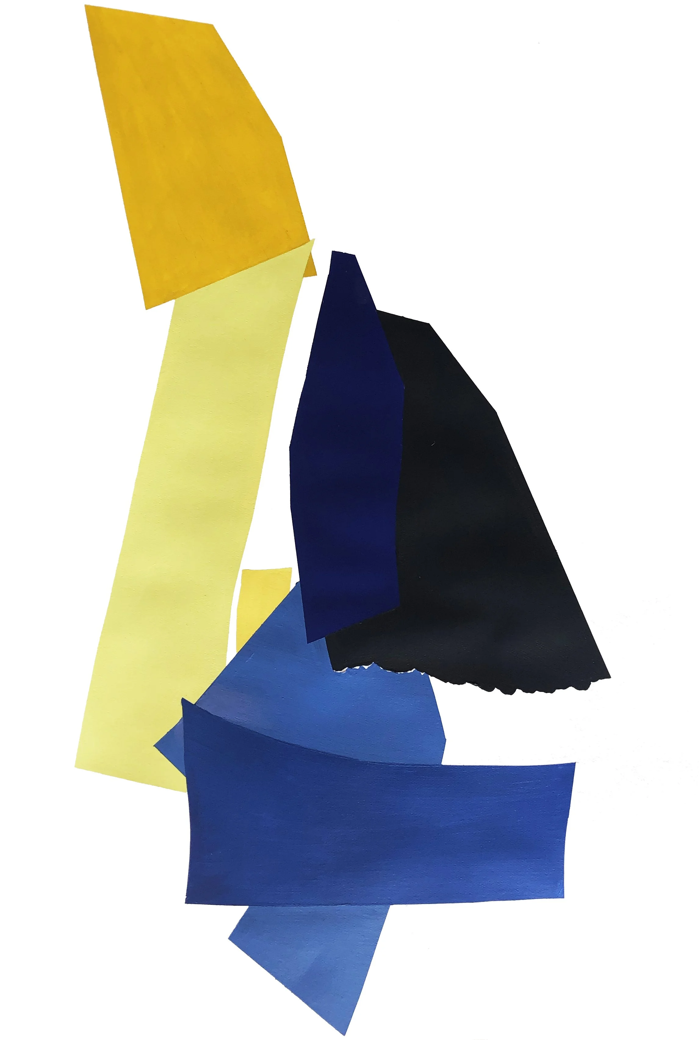 Abstract artwork with colored shapes in blue, black and yellow.