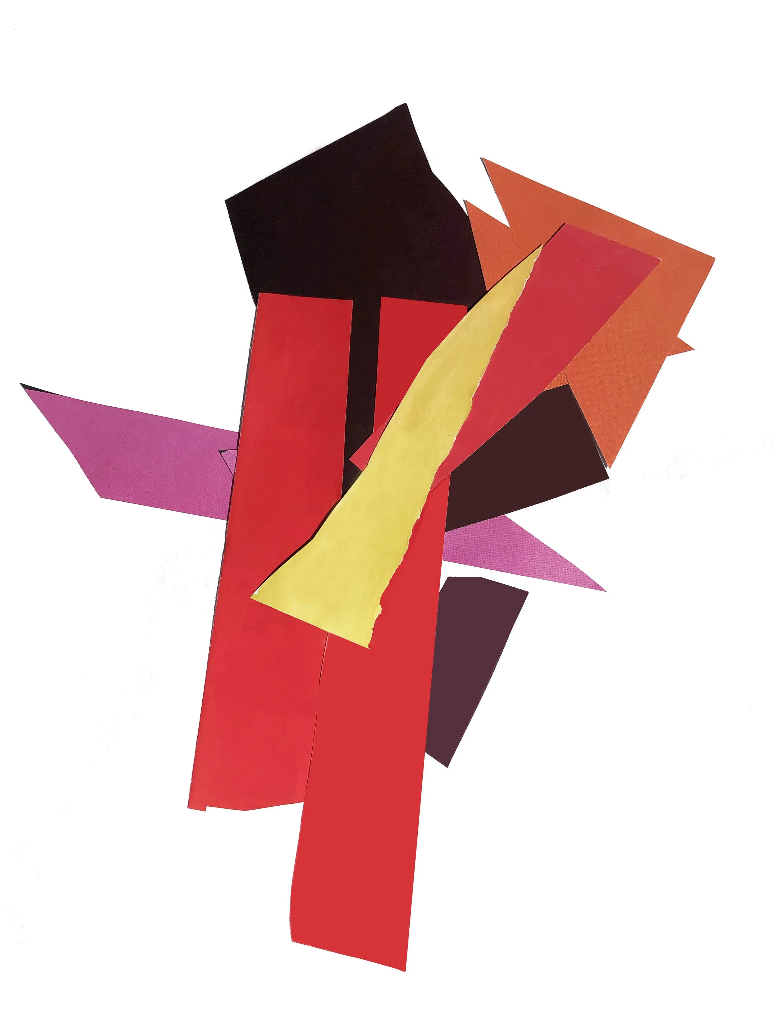 Abstract artwork with colored shapes in red, black and yellow.