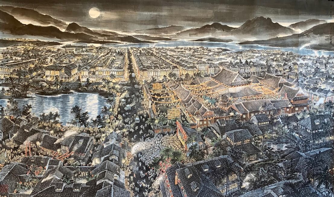 Today is the 15th day of Lunar New Year. Happy Lantern Festival!
For Da Ai TV's visit to my studio, I hung up my proudest work, &quot;Celebrating the Lantern Festival at Longshan Temple.&quot; The painting is 8 feet long and has been exhibited at the