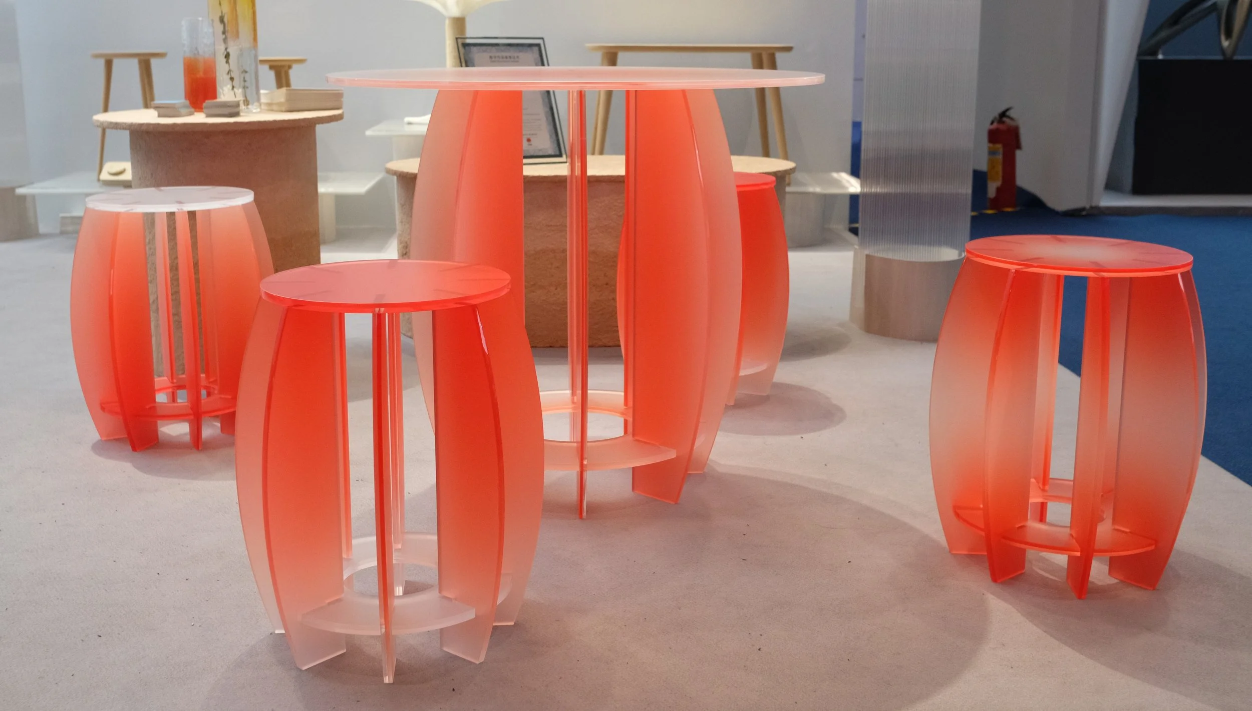  The reimagined stools have ten interlocking parts made of a compressed resin material. The color chosen for this new collection is inspired by cinnabar, a red pigment widely used in Ancient China. The color choice conveys a digital translation of co