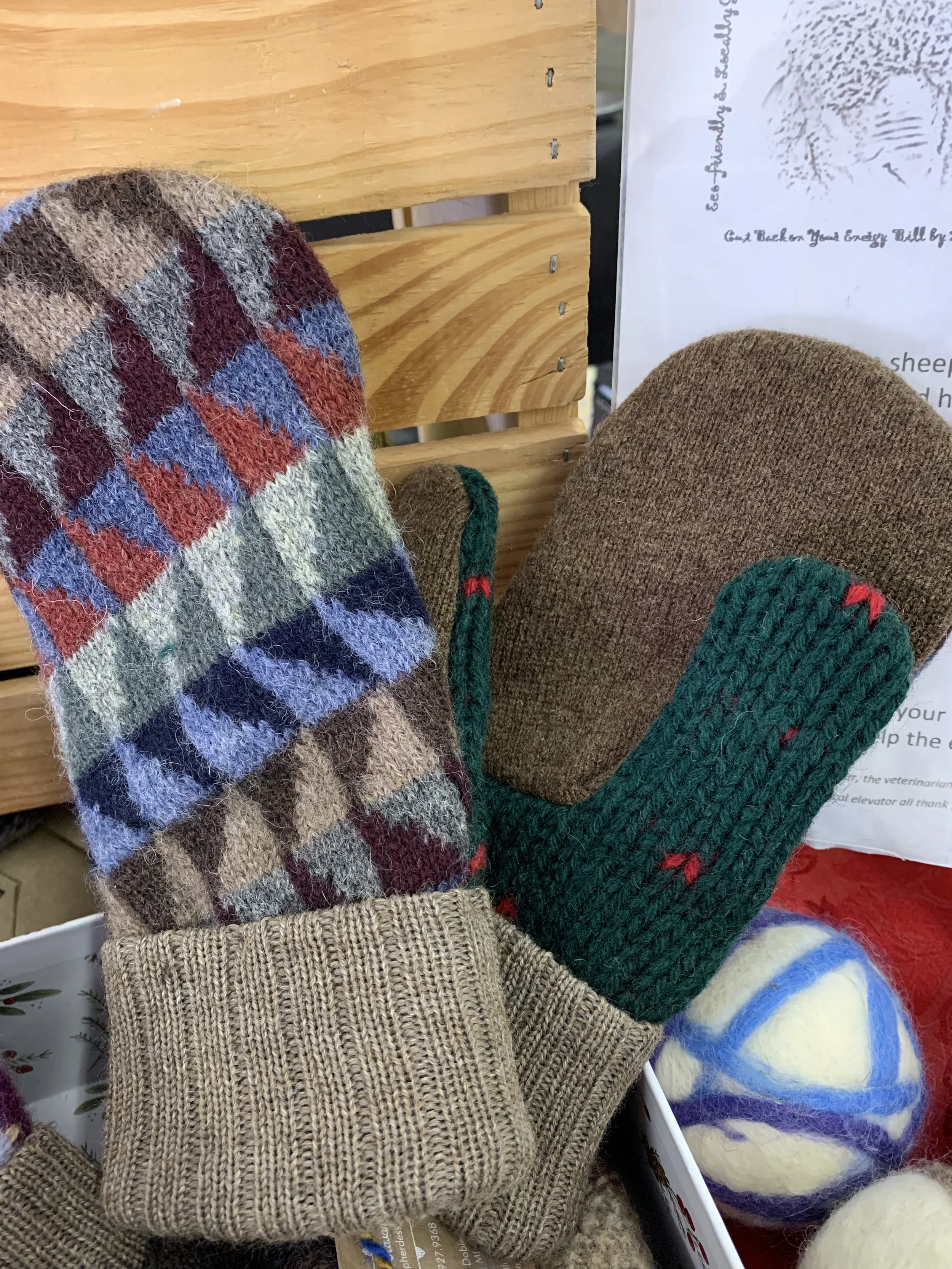 Upcycled sweater mittens, with knitted wool cuffs from our sheep. 