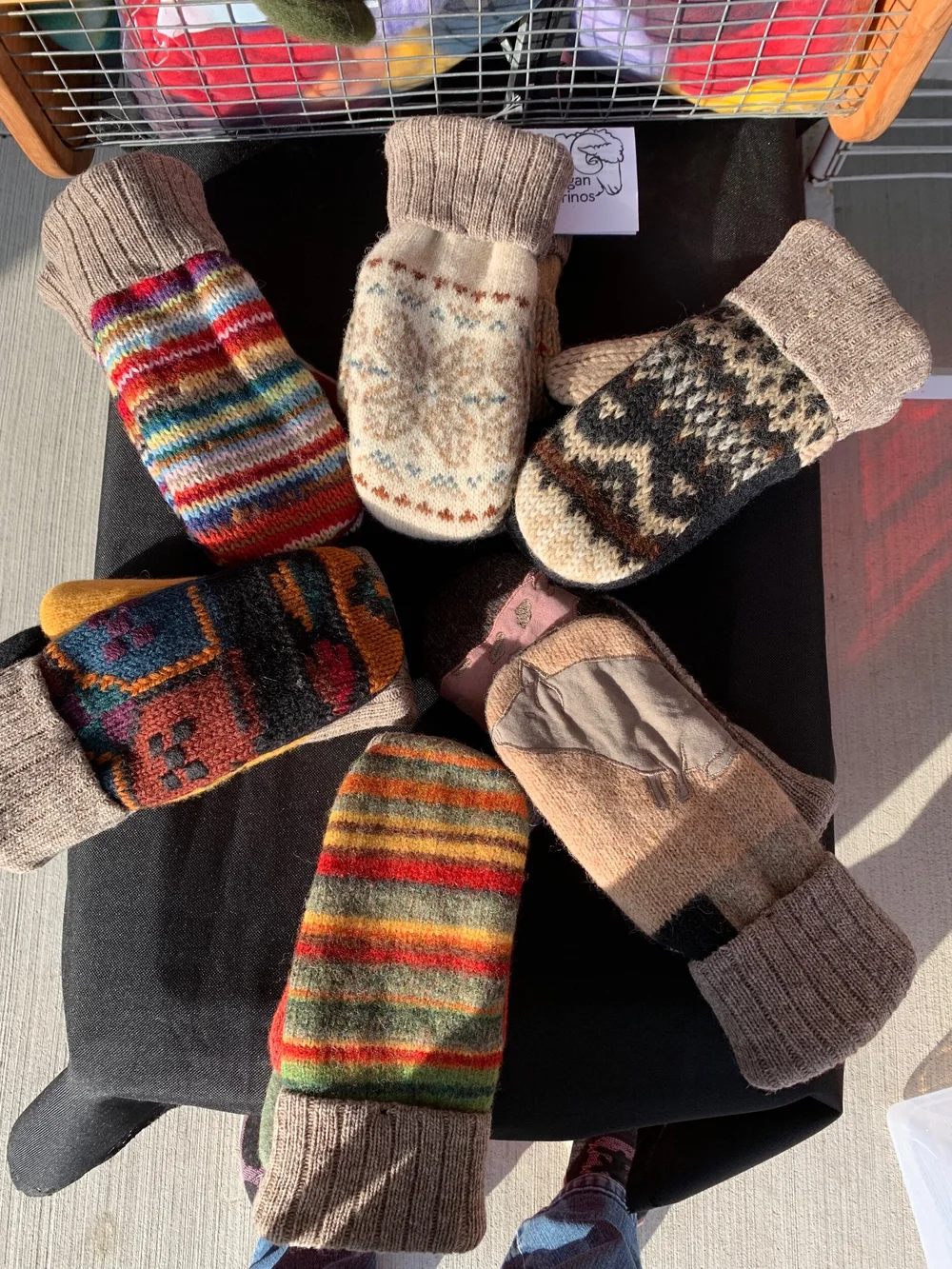Rescued Sweater Mittens 45 lined with fleece cuffs from our sheep Michigan Merinos merino wool hats merino wool socks grown and made in the