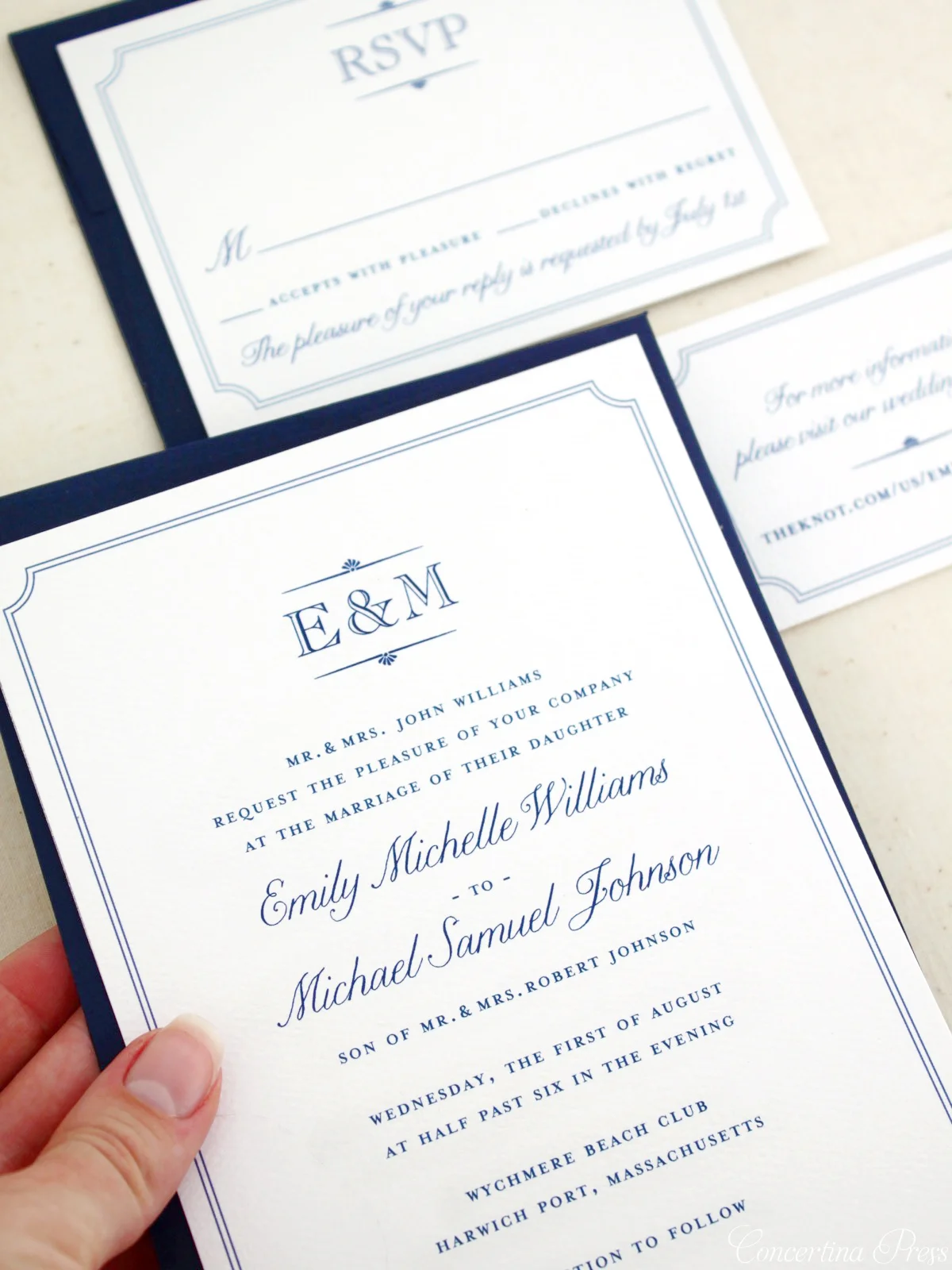 Simple Navy Monogram Wedding Invitation with Border from Concertina Press - 4.jpg