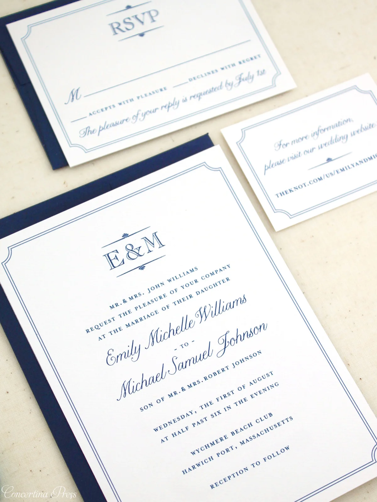 Simple Navy Monogram Wedding Invitation with Border from Concertina Press - 1.jpg