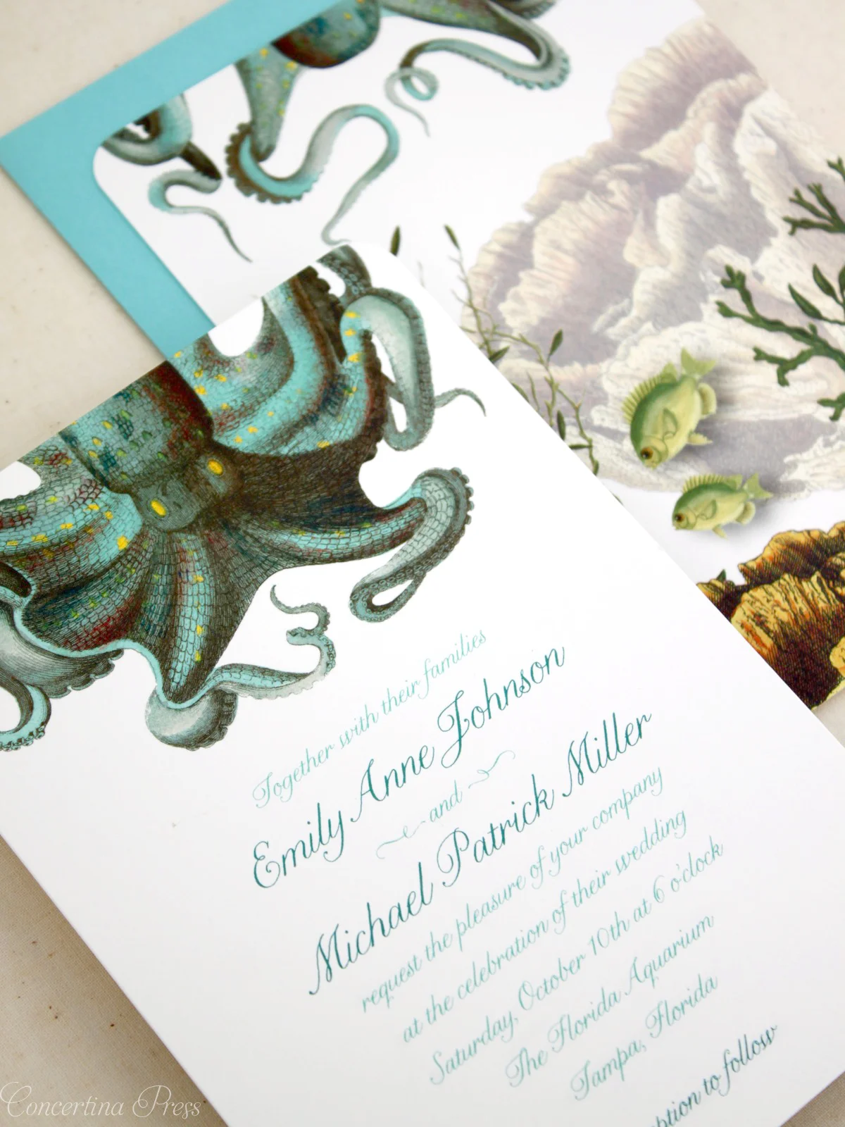 Aquarium Wedding Invitations - Green Octopus - from Concertina Press - 1.jpg