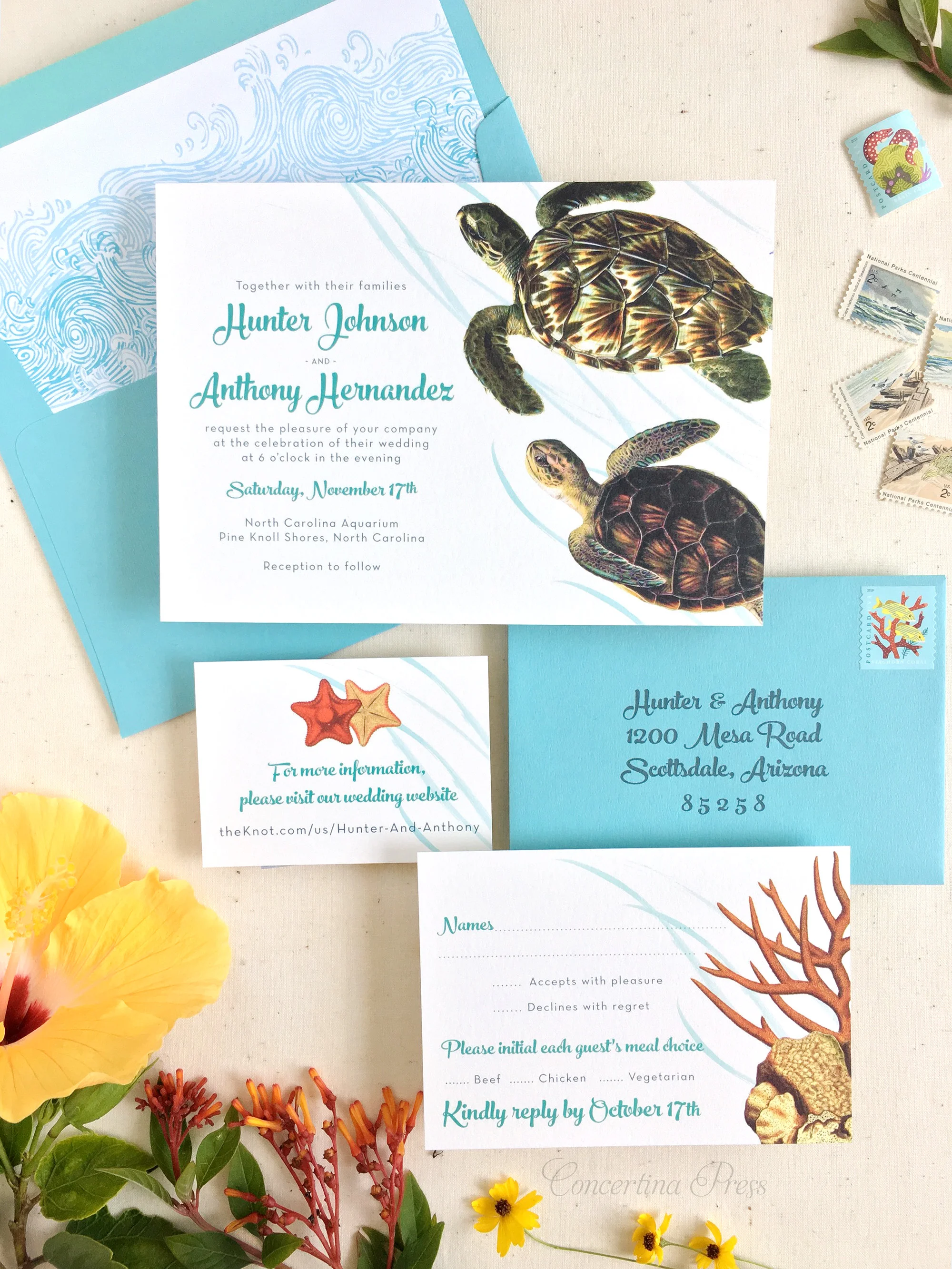 Sea Turtle Wedding Invitations made in the USA by Concertina Press - 1.jpg