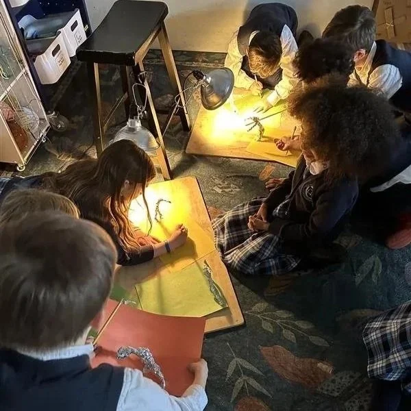 Second grade explored light and shadow by shaping aluminum foil sculptures and positioning them under lamps to see how shadows shift with angle and distance.

Students sketched what they observed, adjusted their figures, and tried again &mdash; notic