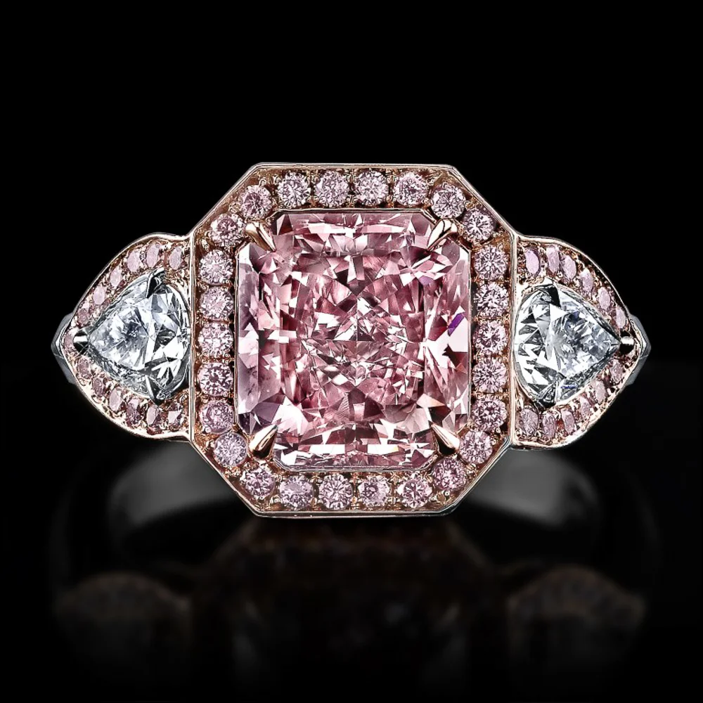 3.25ct Large Pink Diamond Ring Radiant Cut FIP 3 Stone Halo with Pears
