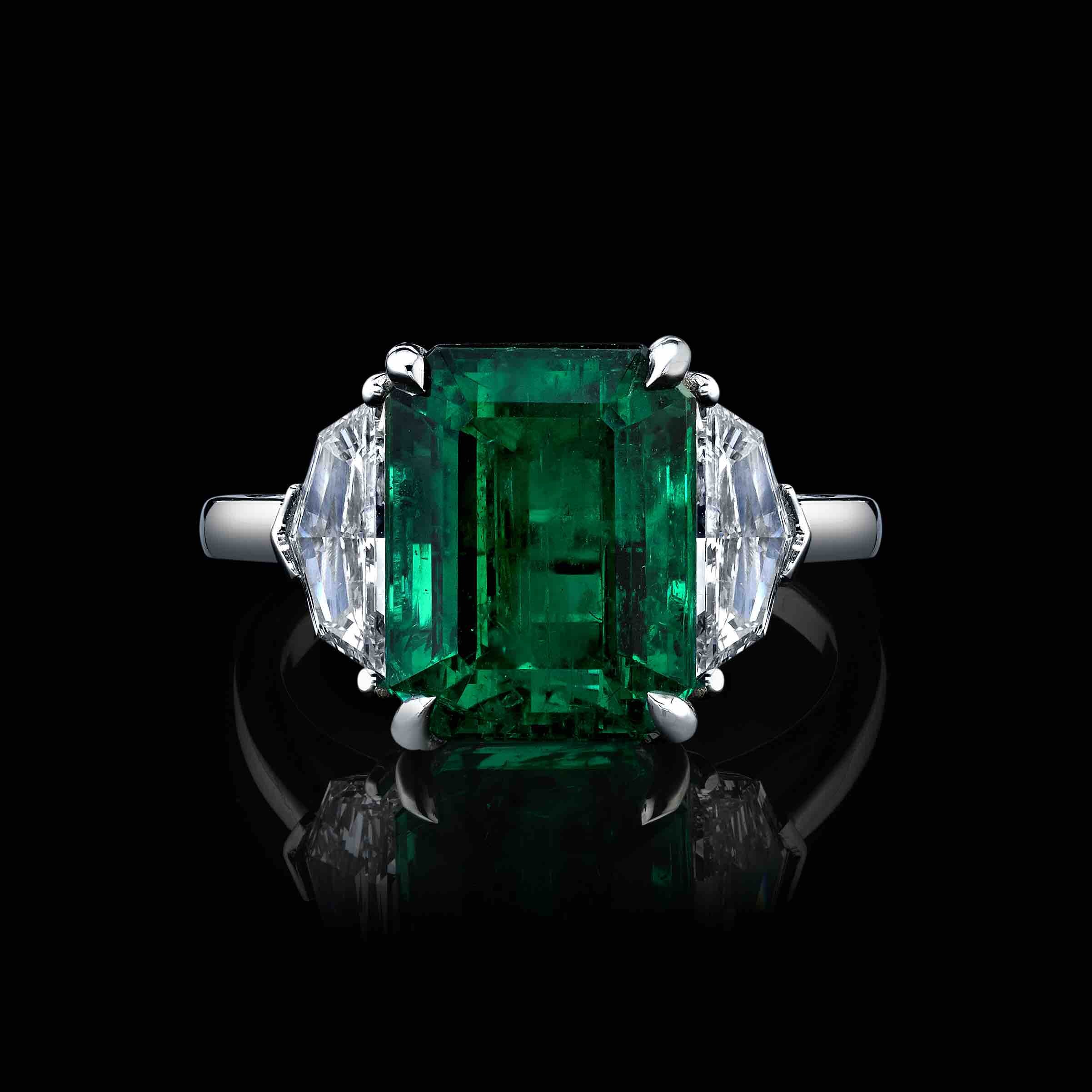 6.16ct Step Cut Green Emerald and Diamonds Ring - Style #RR-130 
