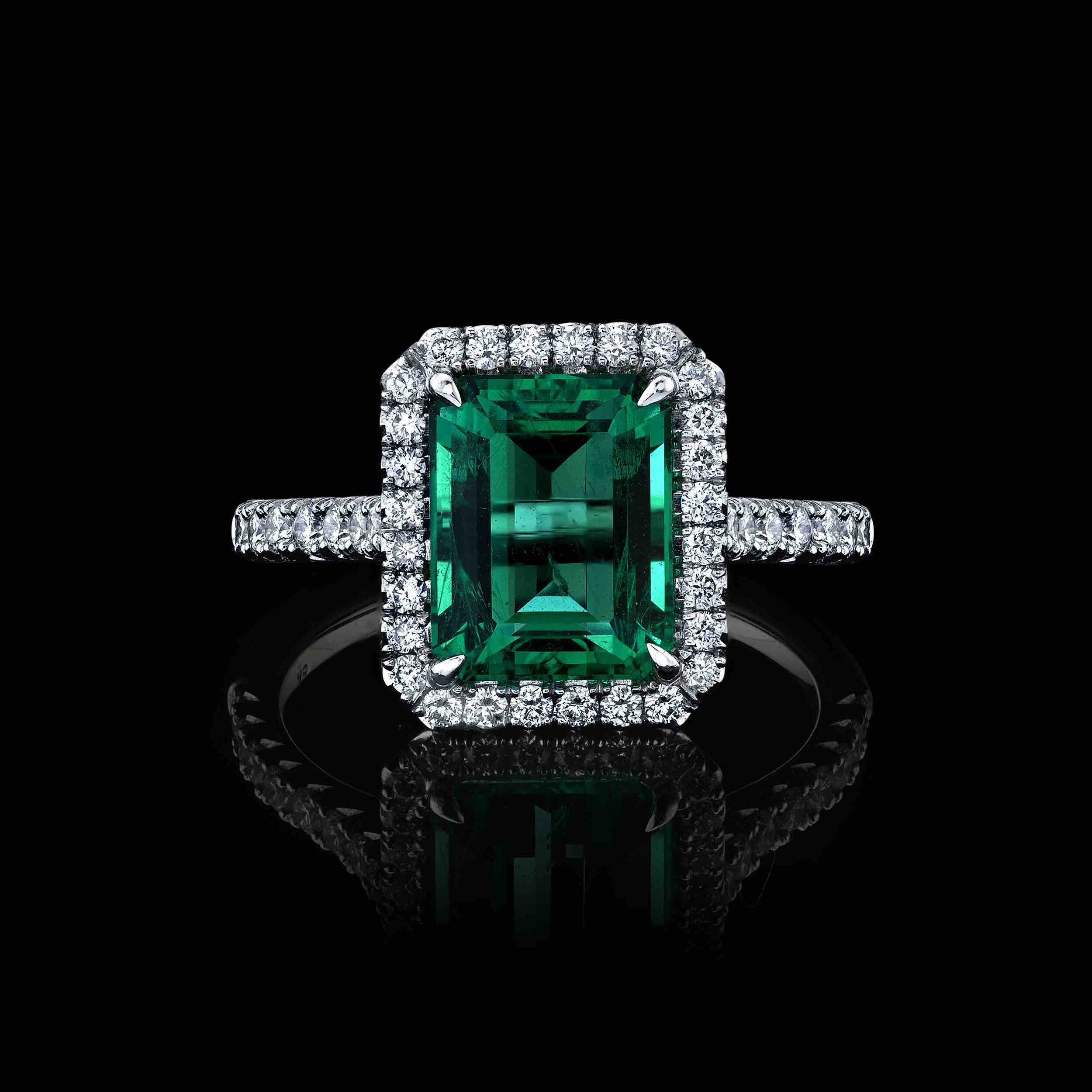 2.91ct, Step cut Green Emerald &amp; Diamonds ring - Style #RR-101 