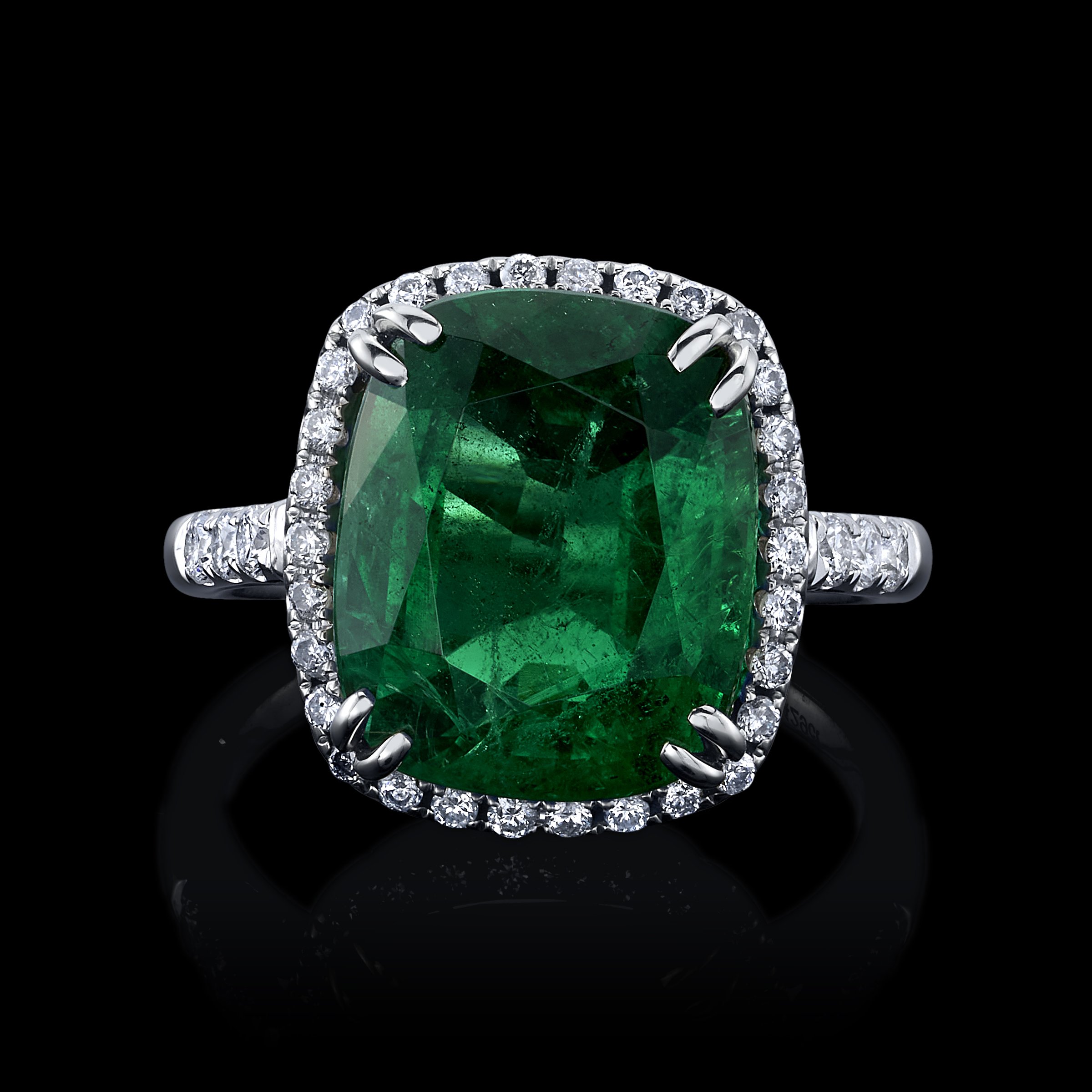 8.01ct Cushion Green Emerald + diamond halo ring 