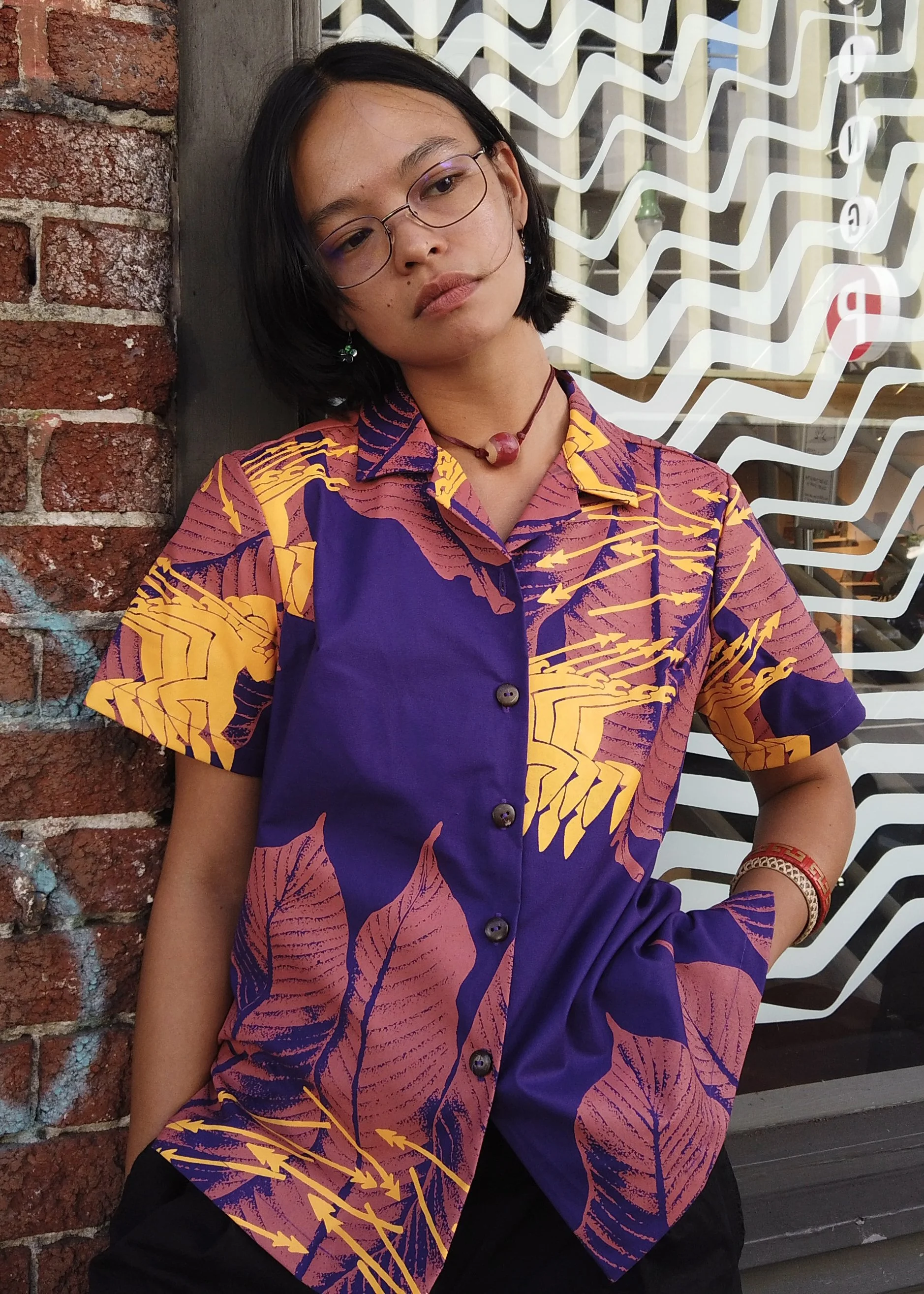 Women's Aloha Shirt - Heliconia & Warriors (Purple)