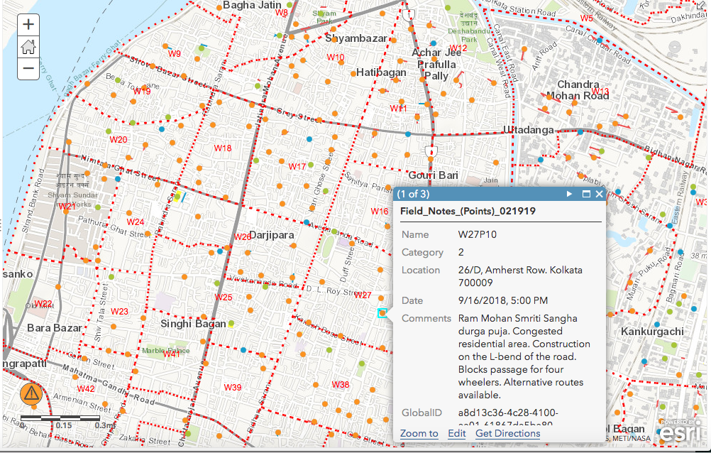 Figure 5. Detail of ArcGIS map with locations of pandal s in the northern part of Kolkata. Copyright Calcutta/Kolkata Co-Lab.