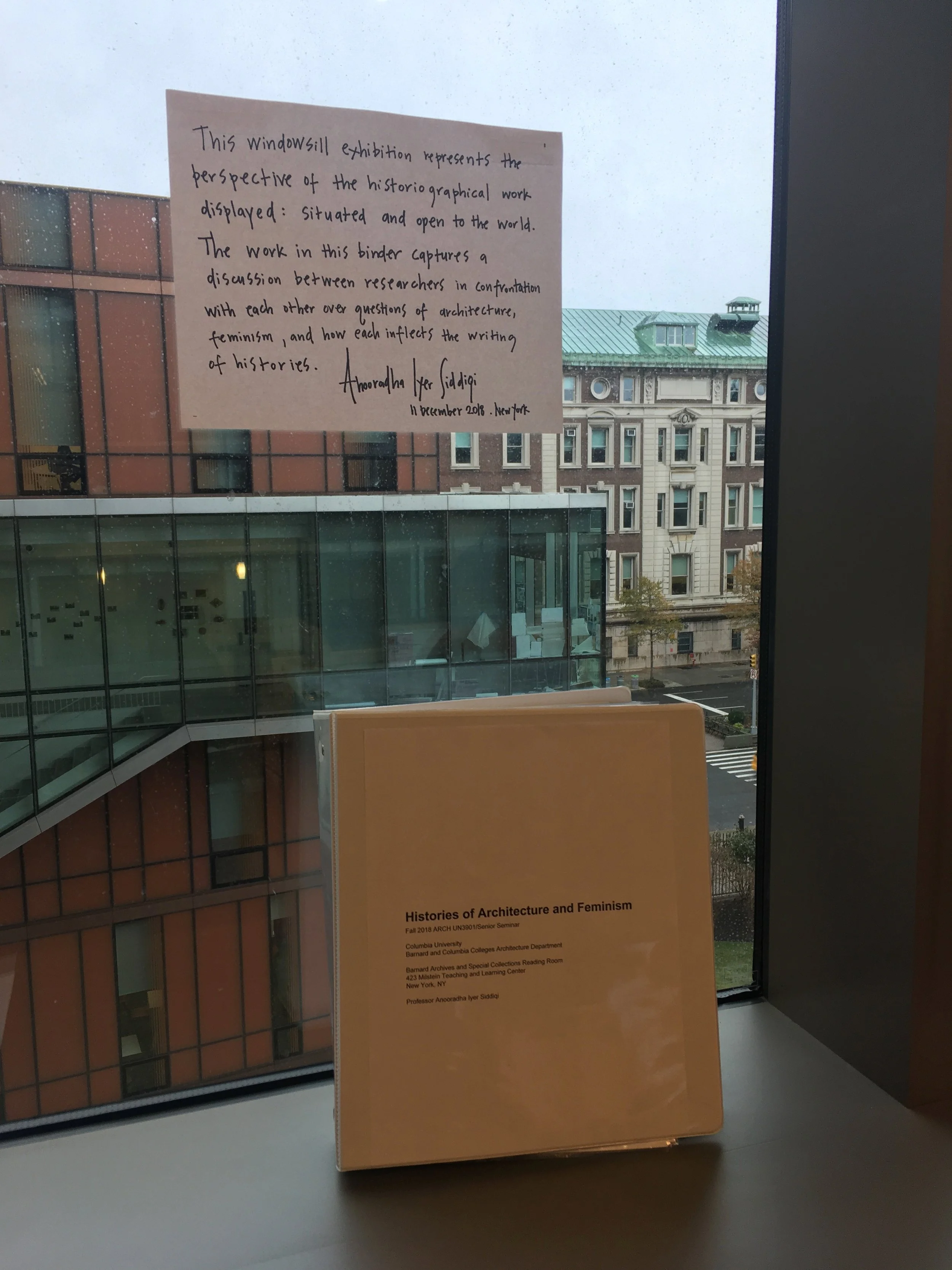 Figure 2. Histories of Architecture and Feminism windowsill exhibition, Barnard Archives and Special Collections reading room, December 2018. Photograph by Anooradha Iyer Siddiqi.