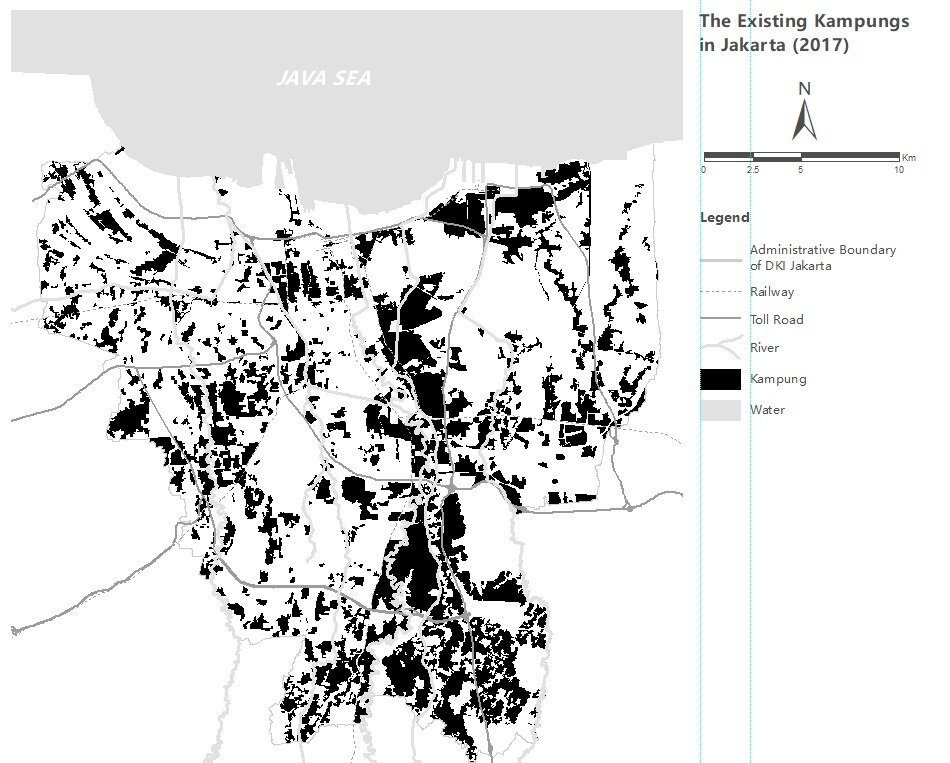 Figure 2. This map, which represents the location of every kampung in Jakarta, highlights the type’s ubiquity and proximity to the formalized city. Typically, kampungs, which accommodate much of the city’s workforce, including many shopkeepers and janitors, are “off the map.” Yet they cluster around important nodes, including high-rise office buildings and shopping malls. Map by Prakoso, Saputra and Dewangga, 2018, based on aerial image data from Google Earth 2017. Reprinted with permission from Rita Padawangi.