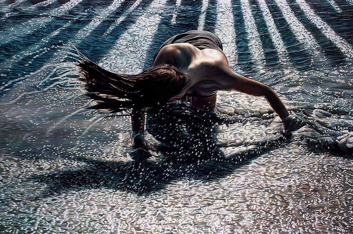 Figure 5: “Aquarius,” (oil on canvas) by Ana Teresa Fernández. Documentation of the artist’s performance at the Tijuana/San Diego border. Fernández summons domestic workers, the plights of Mexican women in a male-dominated society, and women who bear the brunt of migration. She states: “I went to the border and mopped the beach with my hair in desperation to clean up the filth and violence…this was my way of combatting the term “wetback.”