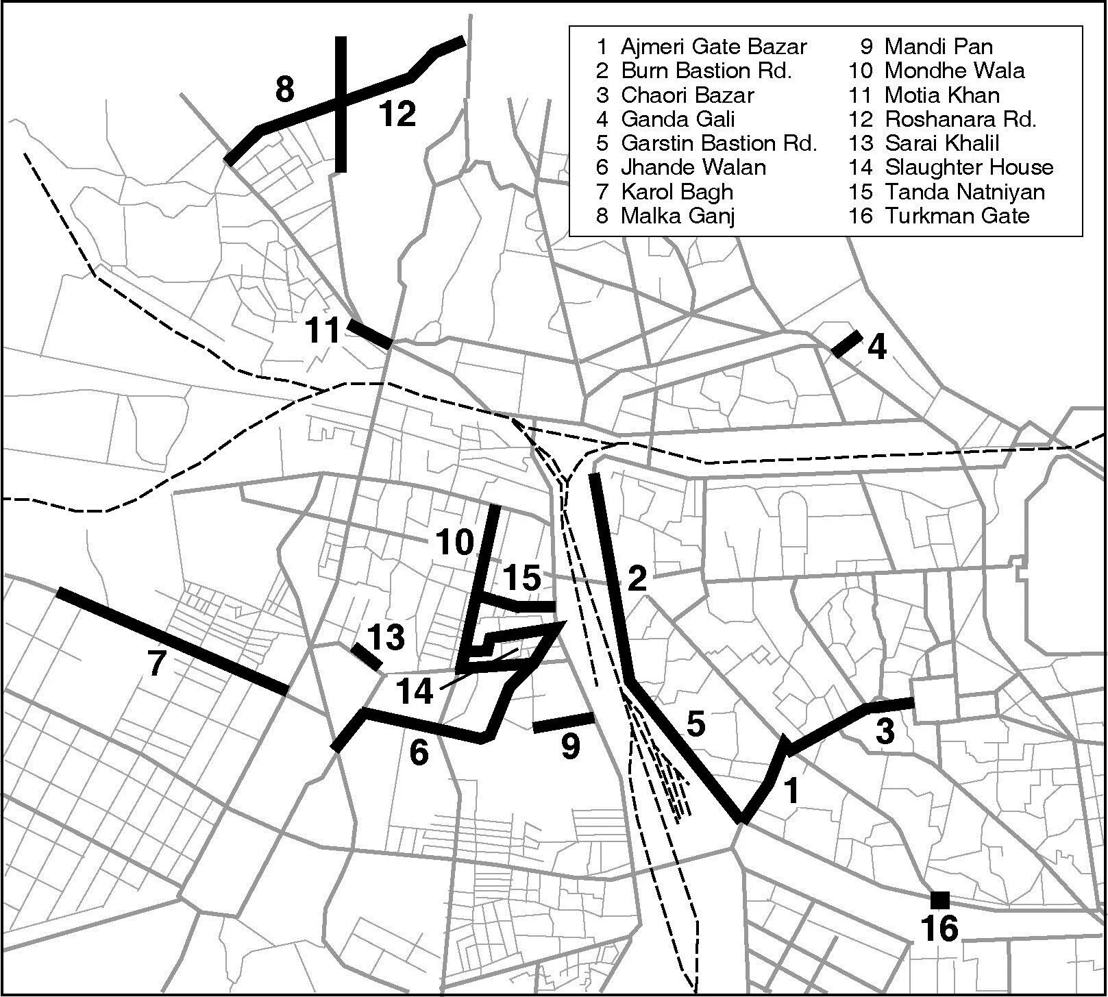 Figure 4. The various sites which were suggested for the location of prostitutes in interwar Delhi. Copyright: Stephen Legg.