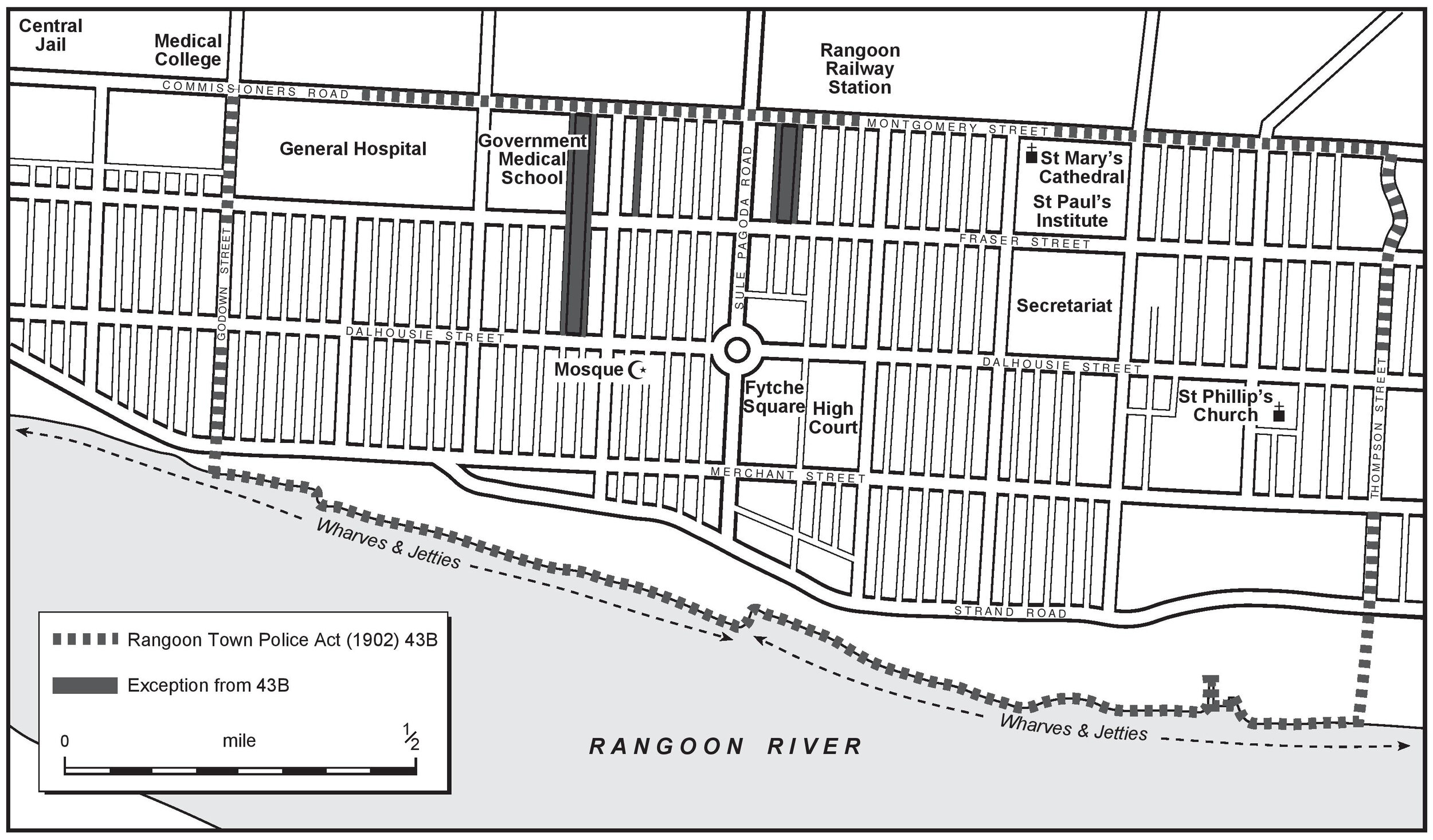 Figure 3 The Rangoon Police Act (1902) exclusion zone for brothels, with three zones where the law did not apply. Copyright: Stephen Legg.