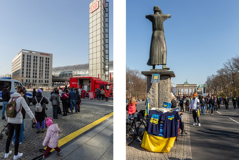  Abbildung 5. Flüchtlinge, Berlin, Deutschland, März 2022. Foto von Mireille van der Moga.  In Berlin gibt es Hilfe in allen Formen. Das Bild links zeigt eine Schlange von Flüchtlingen, die auf Sim-Karten von der Telefongesellschaft Vodafone warten, 