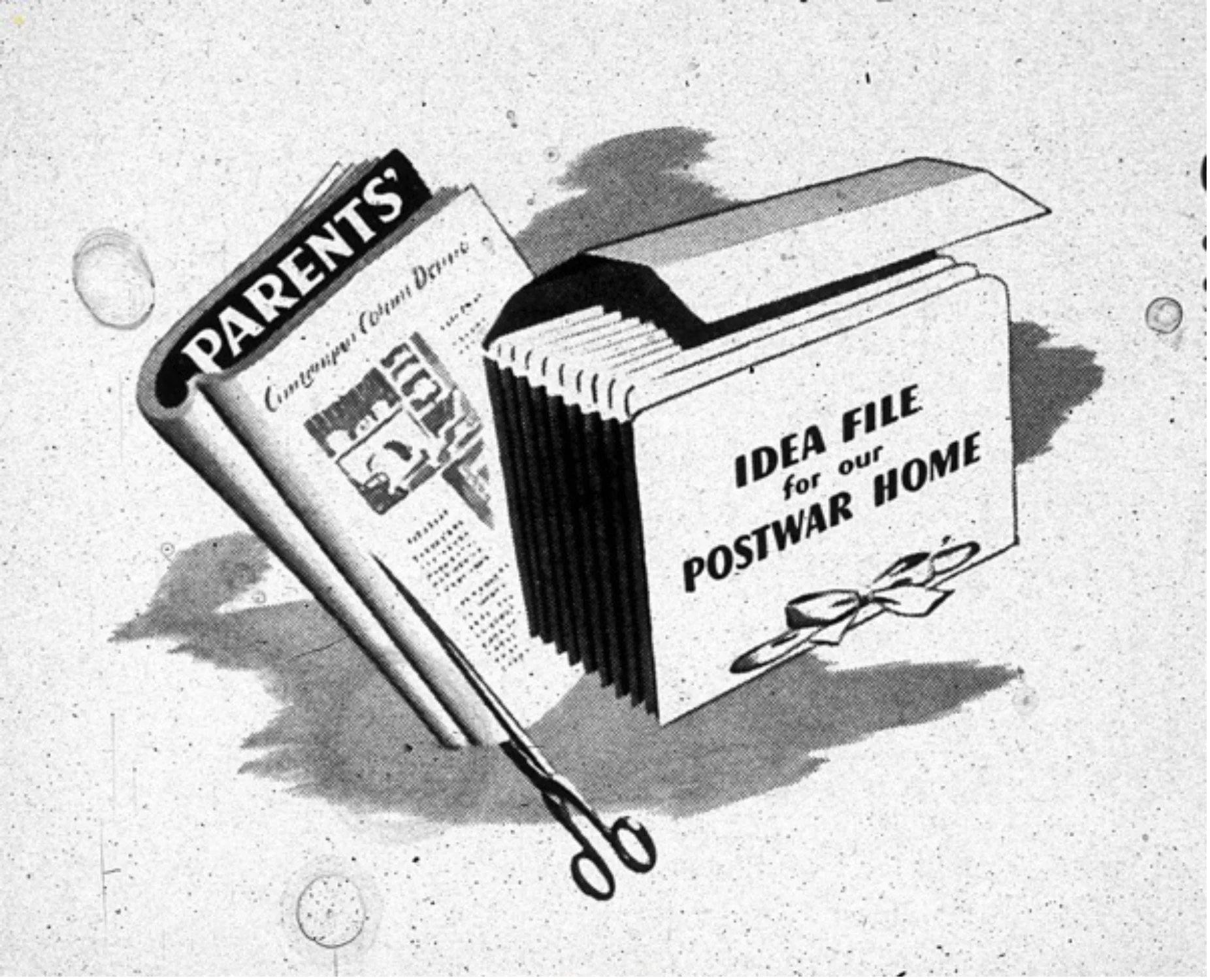 Figure 3: Idea File placed on an article by Henry N. Wright, Parents’ Magazine, "Bathrooms for the Future,"  Parents' Magazine  (Oct, 1944): p. 136