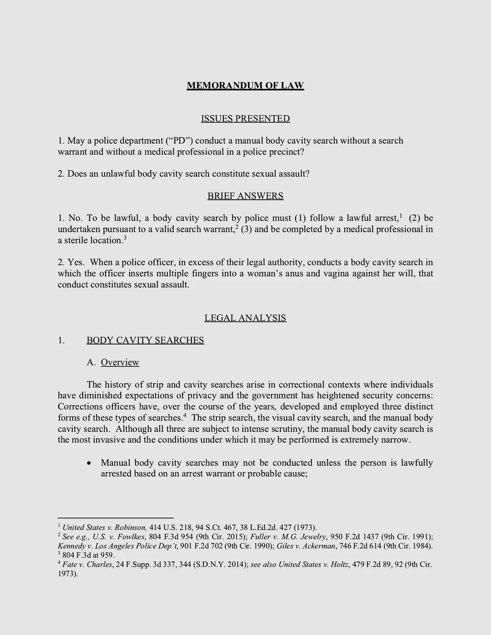 Legal Memo Phoenix Pd Forced Cavity Search