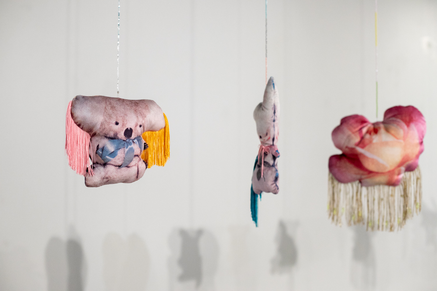  Holly Leonardson, Untiled, 2019, found images digitally printed on velvet, wool stuffed, polyester fringing, glass beads, craft materials, dimensions variable.  Photography by Mel De Ruyter  