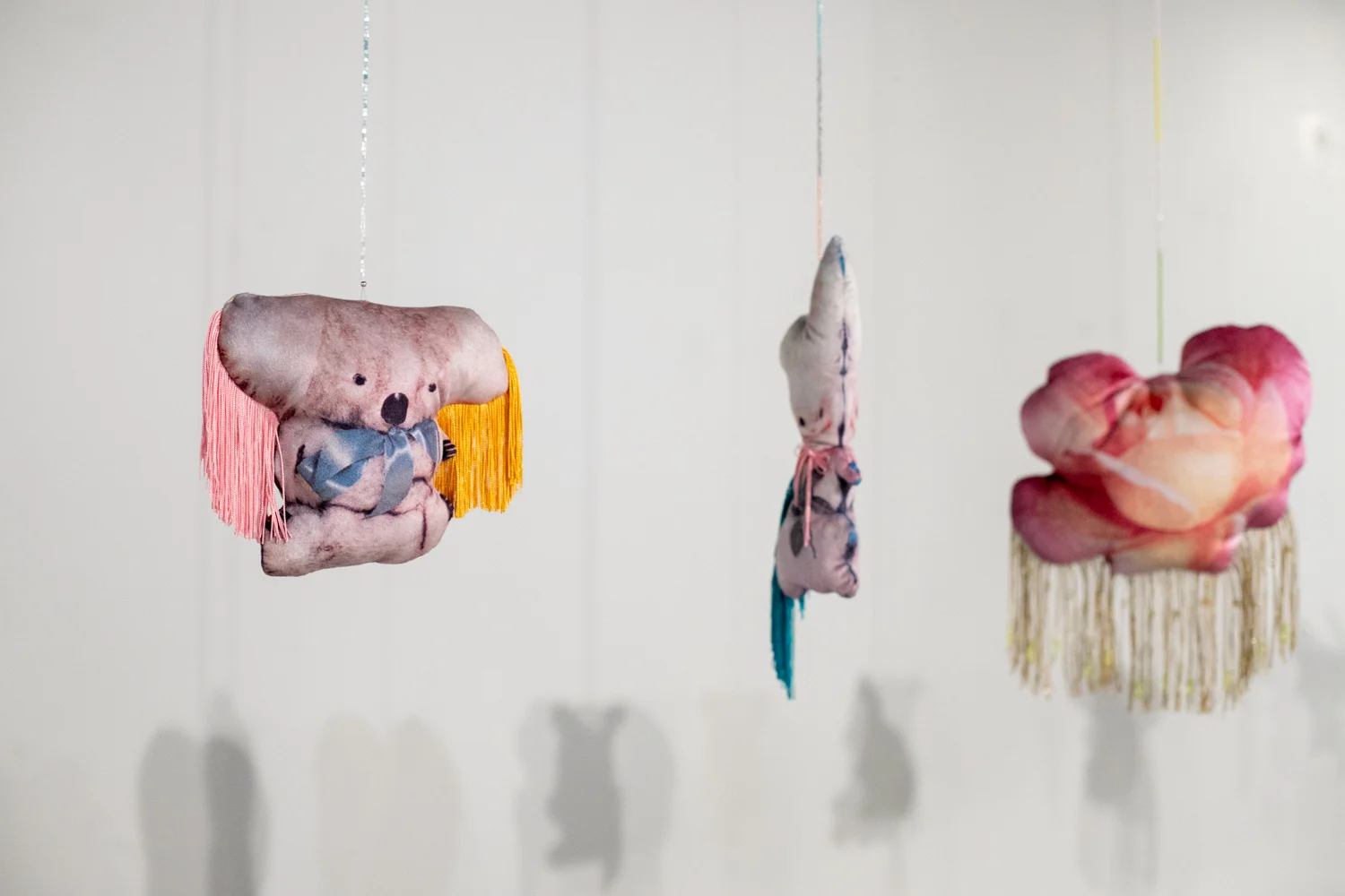 Holly Leonardson, Untiled, 2019, found images digitally printed on velvet, wool stuffed, polyester fringing, glass beads, craft materials, dimensions variable. Photography by Mel De Ruyter