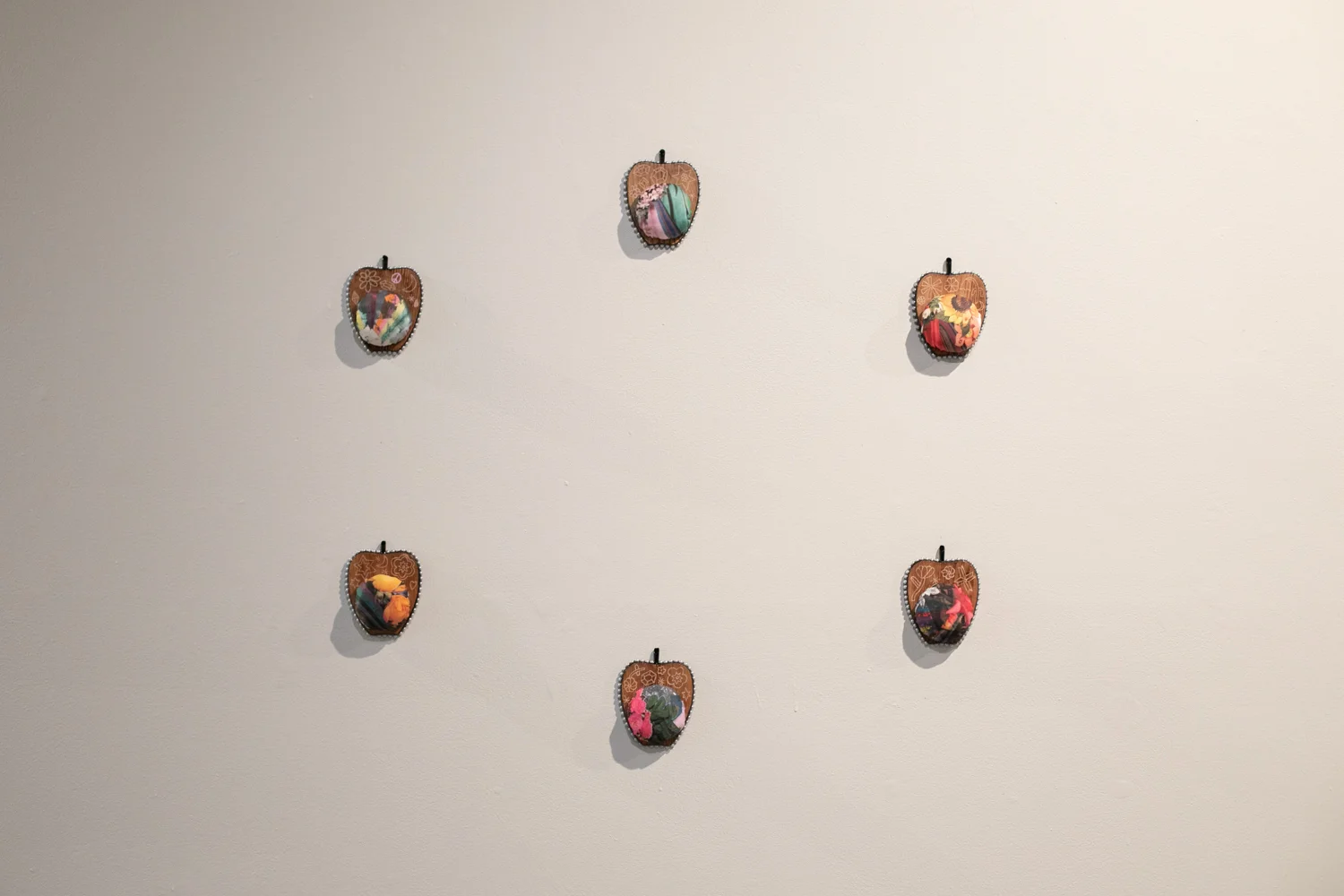 Holly Leonardson, 2019, Apple Isle Pincushion, found wood coaster (engraved), handmade paper collage digitally printed on cotton sateen, plastic pearls, acrylic paint, resin. Photography by Mel De Ruyter