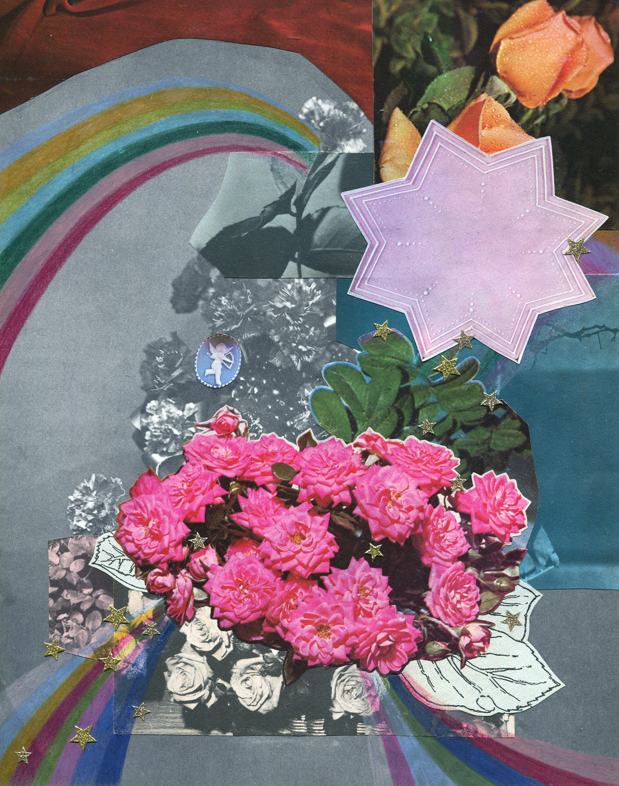 Rainbow Rose Garden #3, collage, found paper, pencil