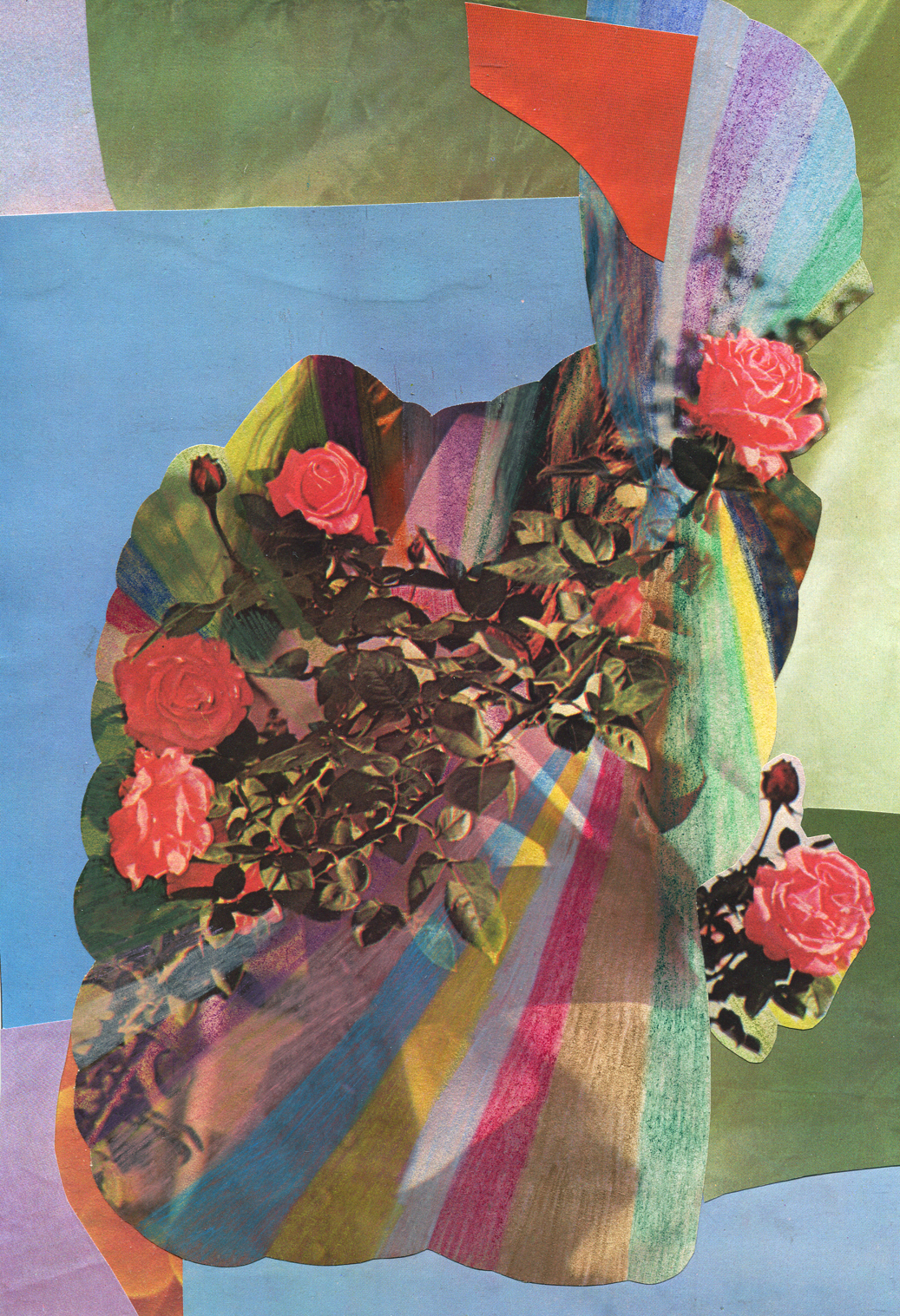 Rainbow Rose Garden #2, collage, found paper, pencil