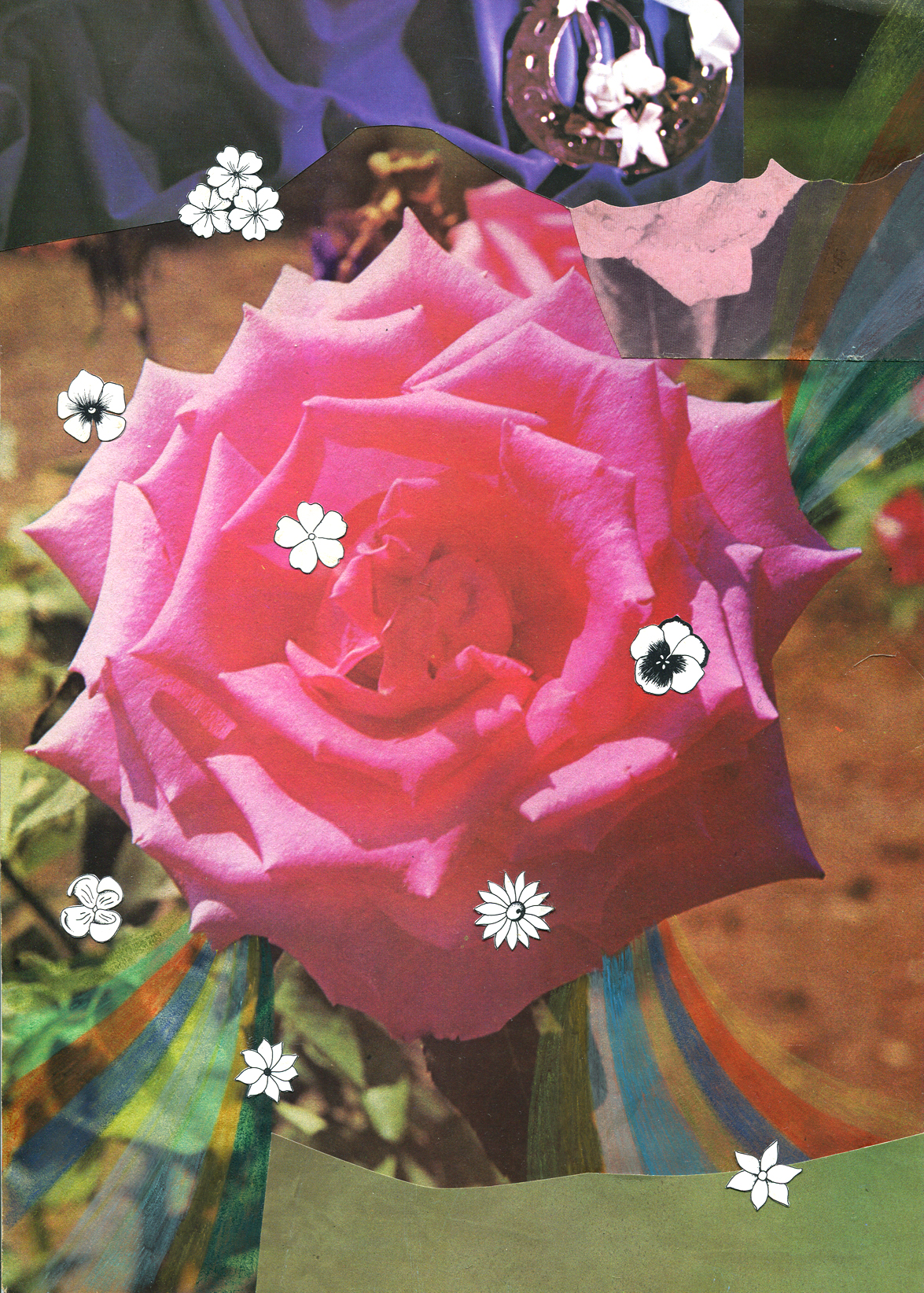 Rainbow Rose Garden #1, collage, found paper, pencil