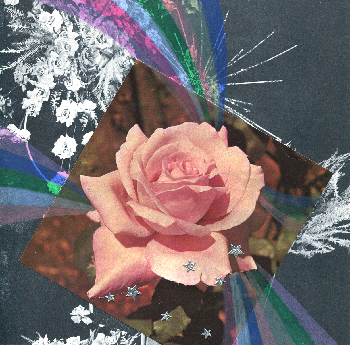 Rainbow Rose Garden #7, collage, found paper, pencil