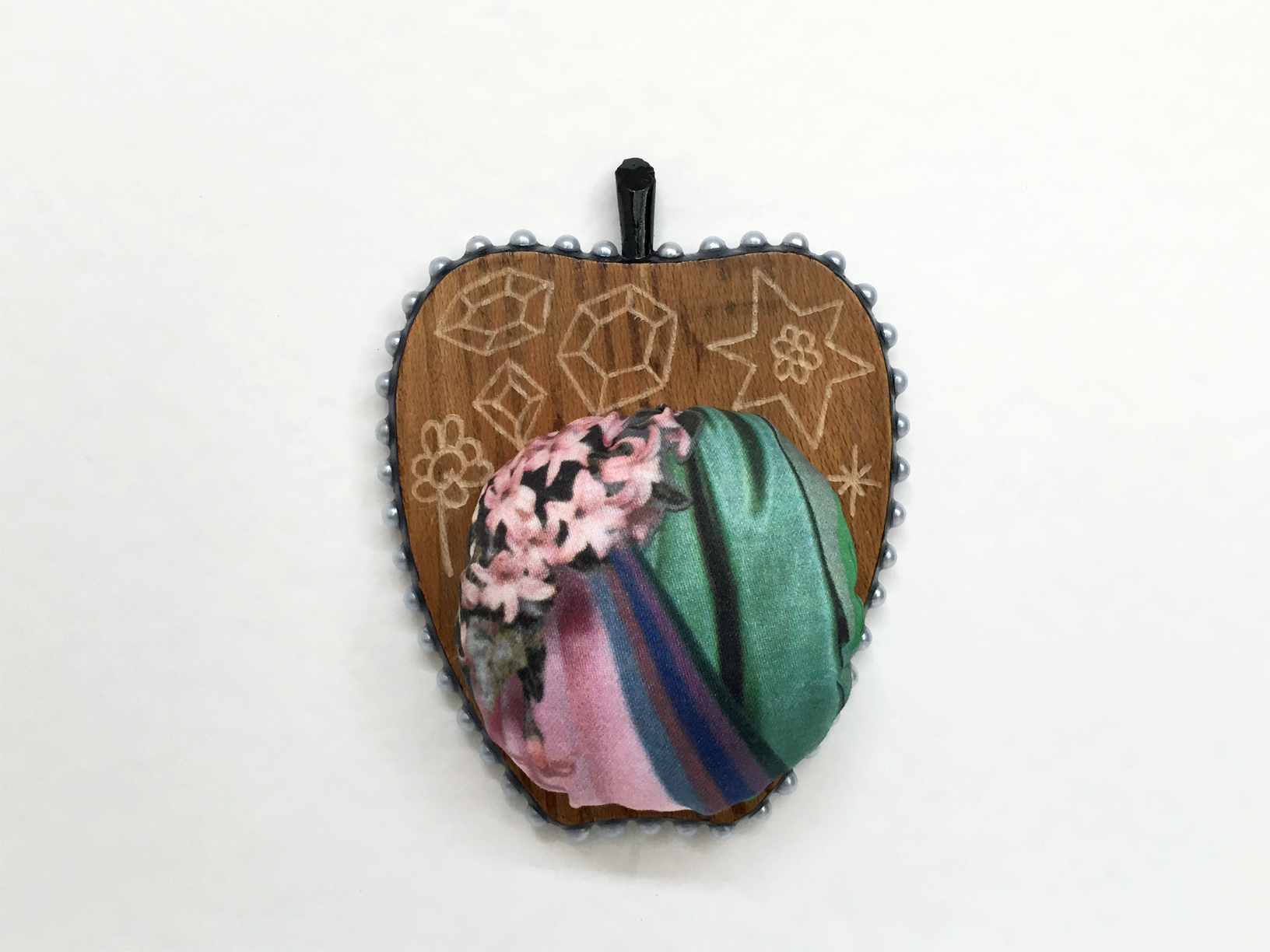 Apple Isle Pincushion #1, 2019, found wood coaster (engraved), handmade paper collage digitally printed on cotton sateen, plastic pearls, acrylic paint, resin, 120mm x 96mm