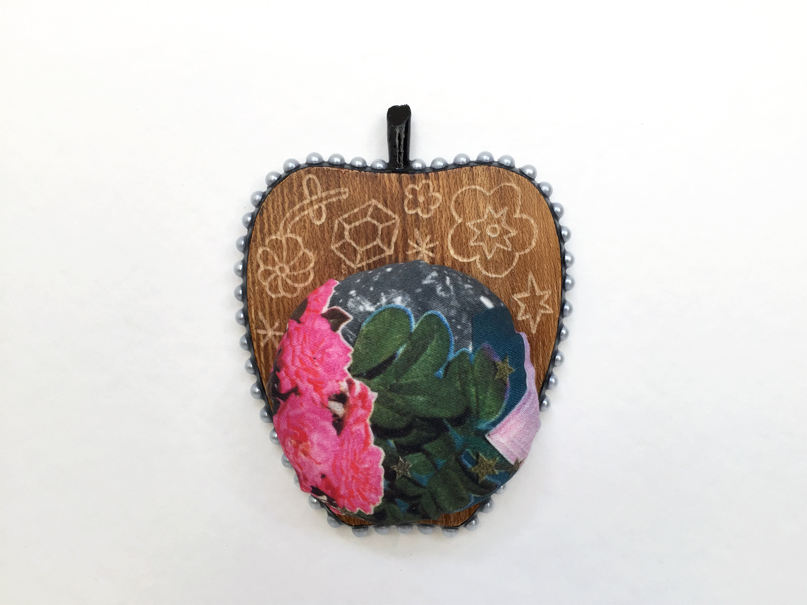 Apple Isle Pincushion #2, 2019, found wood coaster (engraved), handmade paper collage digitally printed on cotton sateen, plastic pearls, acrylic paint, resin, 120mm x 96mm