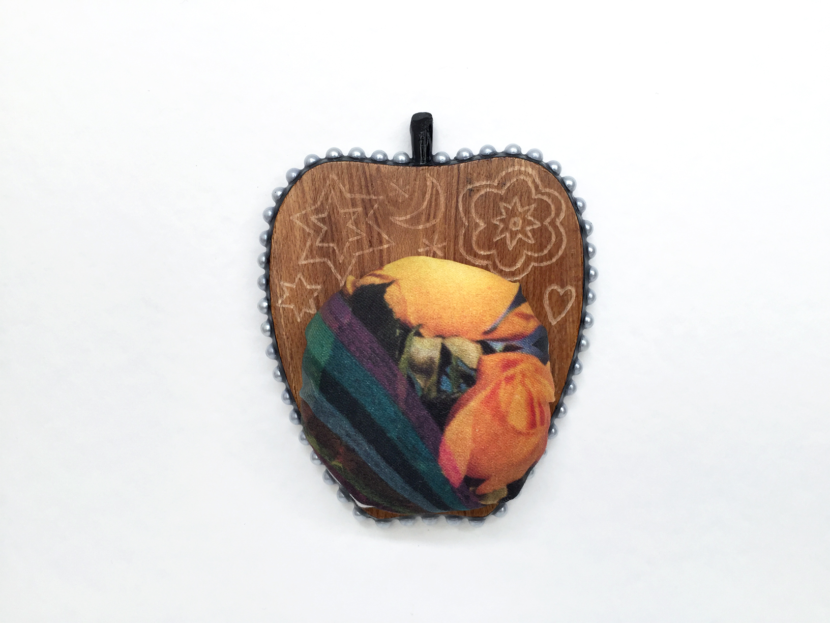 Apple Isle Pincushion #3, 2019, found wood coaster (engraved), handmade paper collage digitally printed on cotton sateen, plastic pearls, acrylic paint, resin, 120mm x 96mm