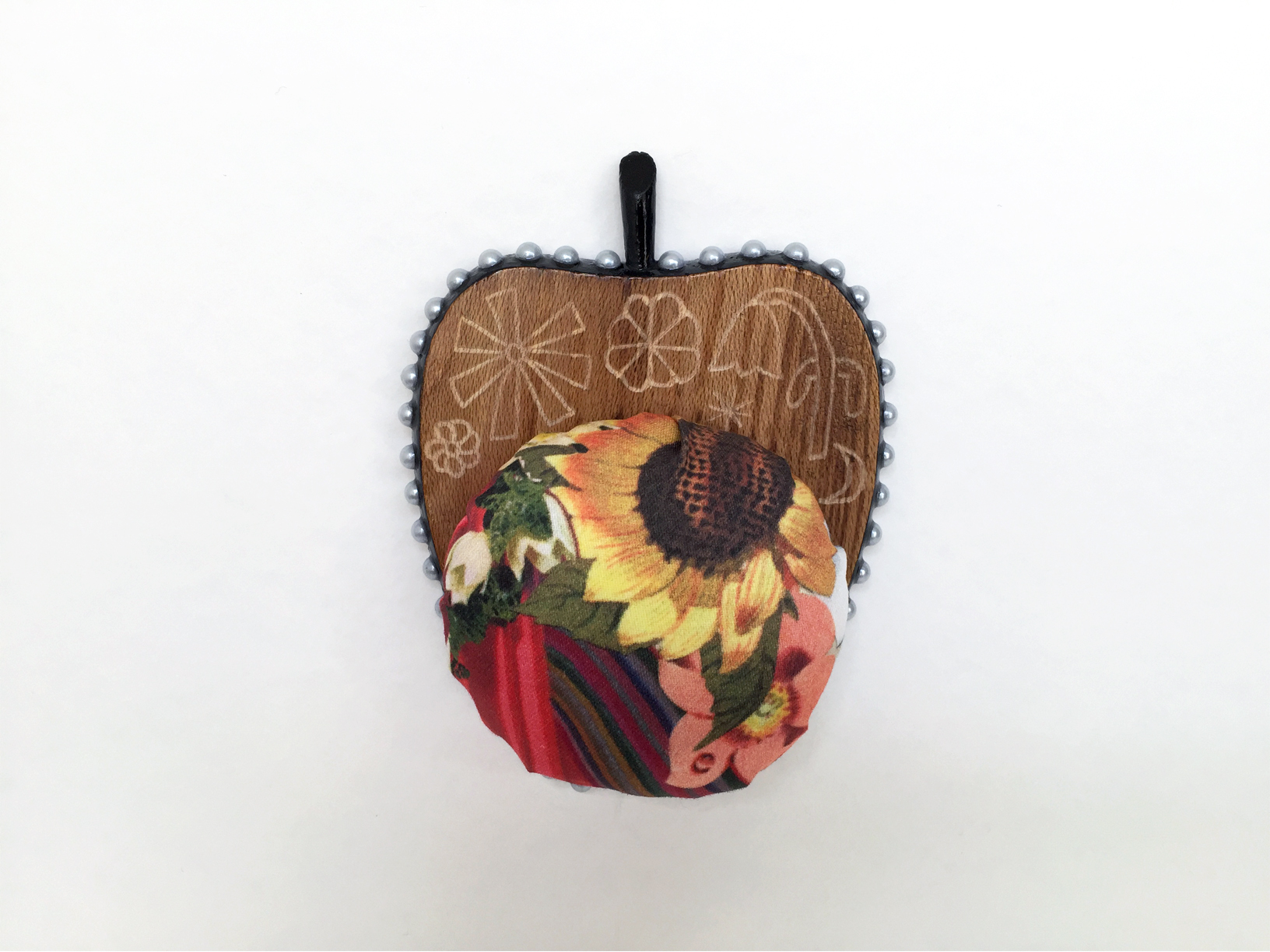 Apple Isle Pincushion #5, 2019, found wood coaster (engraved), handmade paper collage digitally printed on cotton sateen, plastic pearls, acrylic paint, resin, 120mm x 96mm