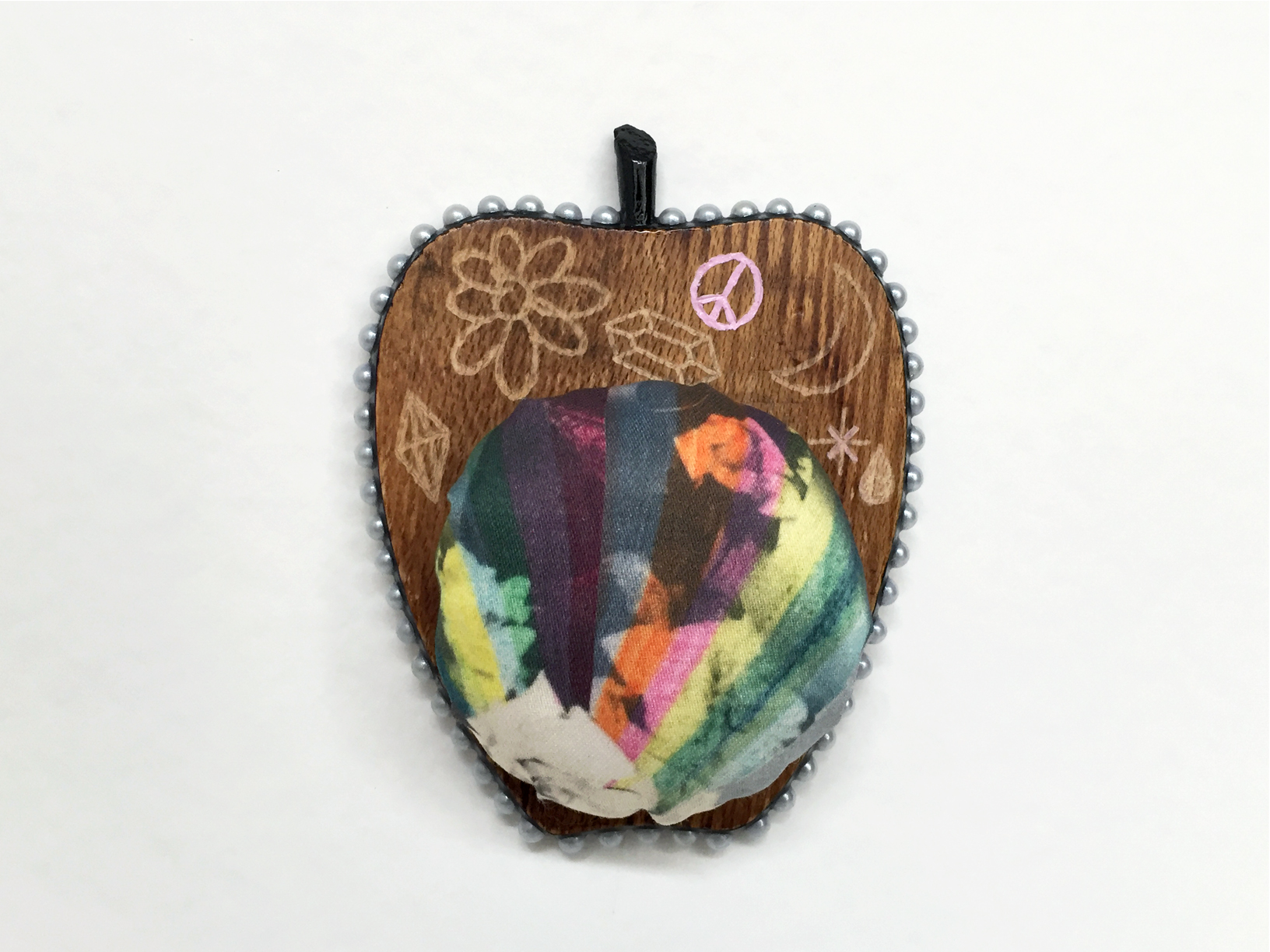 Apple Isle Pincushion #6, 2019, found wood coaster (engraved), handmade paper collage digitally printed on cotton sateen, plastic pearls, acrylic paint, resin, 120mm x 96mm