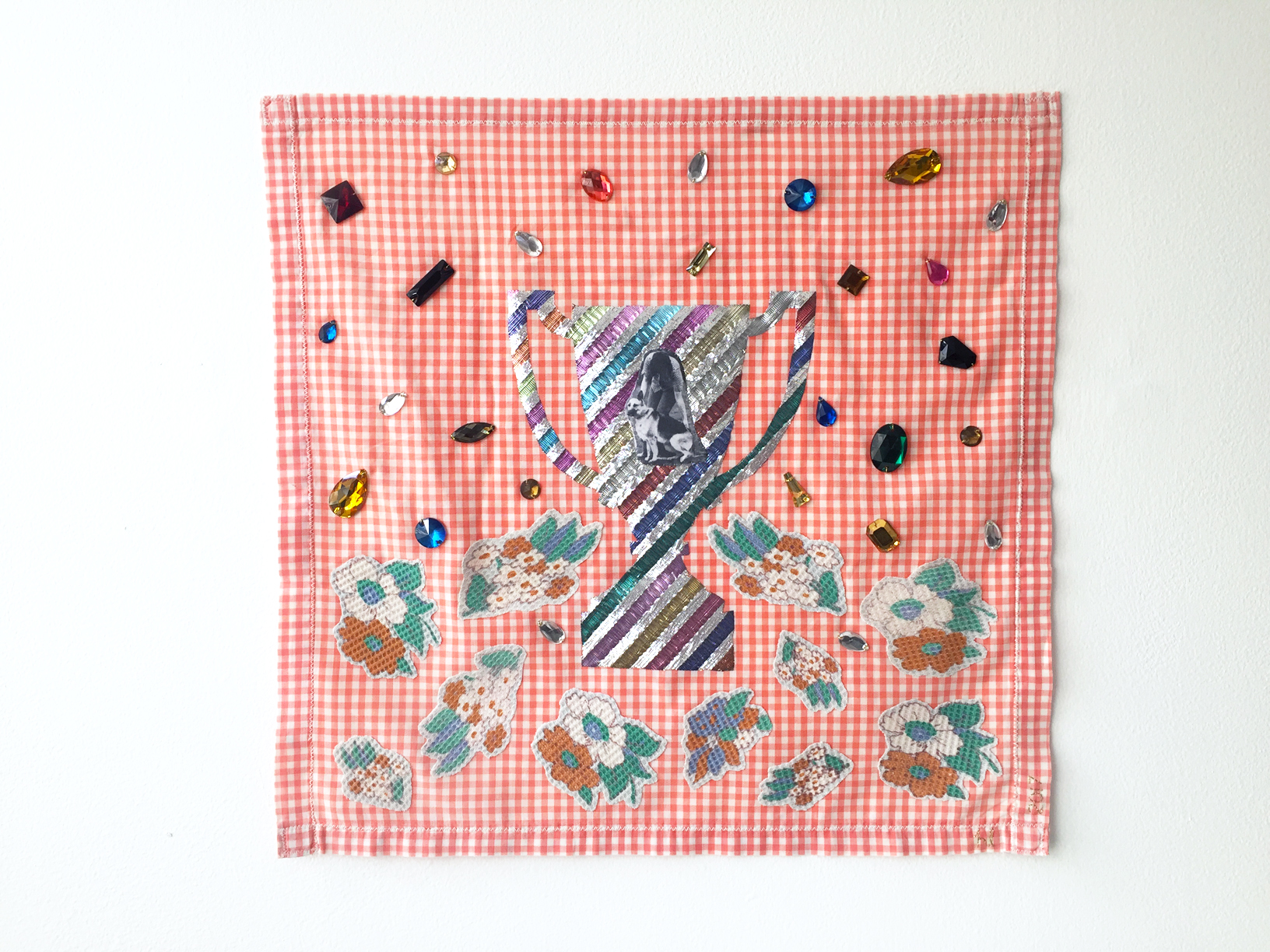 Number 1 Best Friend #2, 2017, textile object, found fabric on handmade cotton placemat, digital print on cotton, polyester, found plastic gems, 390mm x 385mm