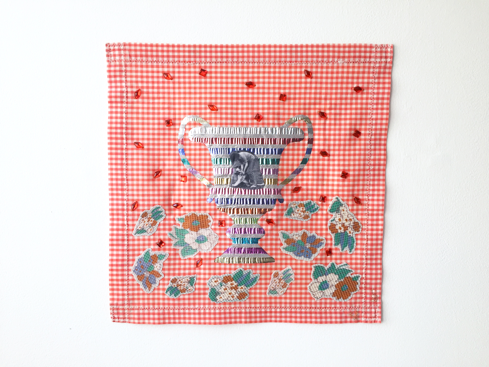 Number 1 Best Friend #3, 2017, textile object, found fabric on handmade cotton placemat, digital print on cotton, polyester, found plastic gems, 360mm x 360mm