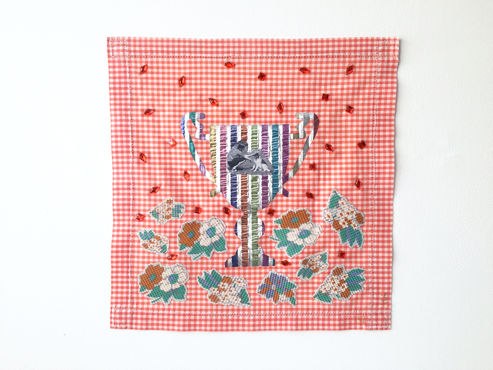 Number 1 Best Friend #1, 2017, textile object, found fabric on handmade cotton placemat, digital print on cotton, polyester, found plastic gems, 350mm x 365mm