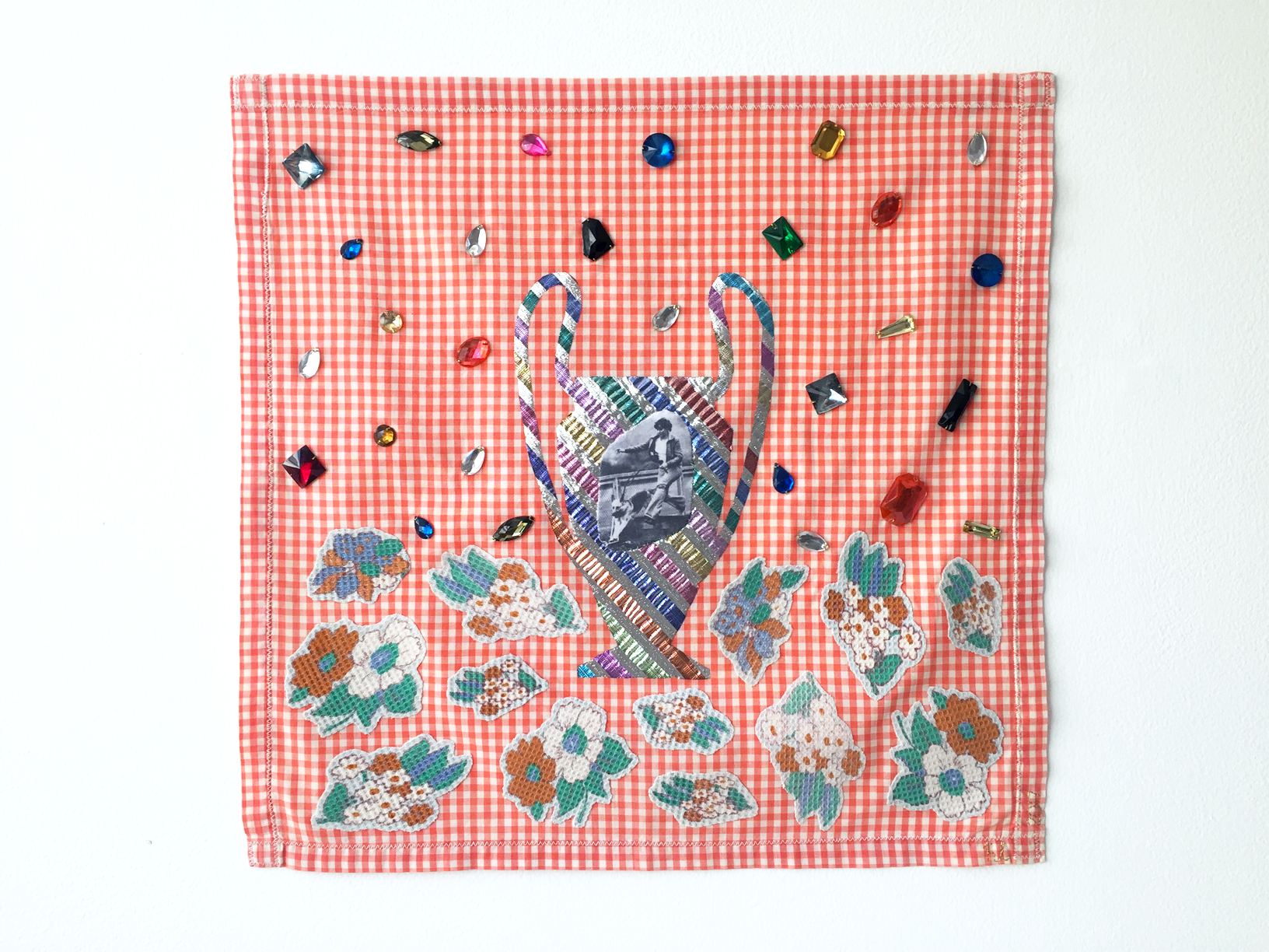 Number 1 Best Friend #4, 2017, textile object, found fabric on handmade cotton placemat, digital print on cotton, polyester, found plastic gems, 395mm x 385mm