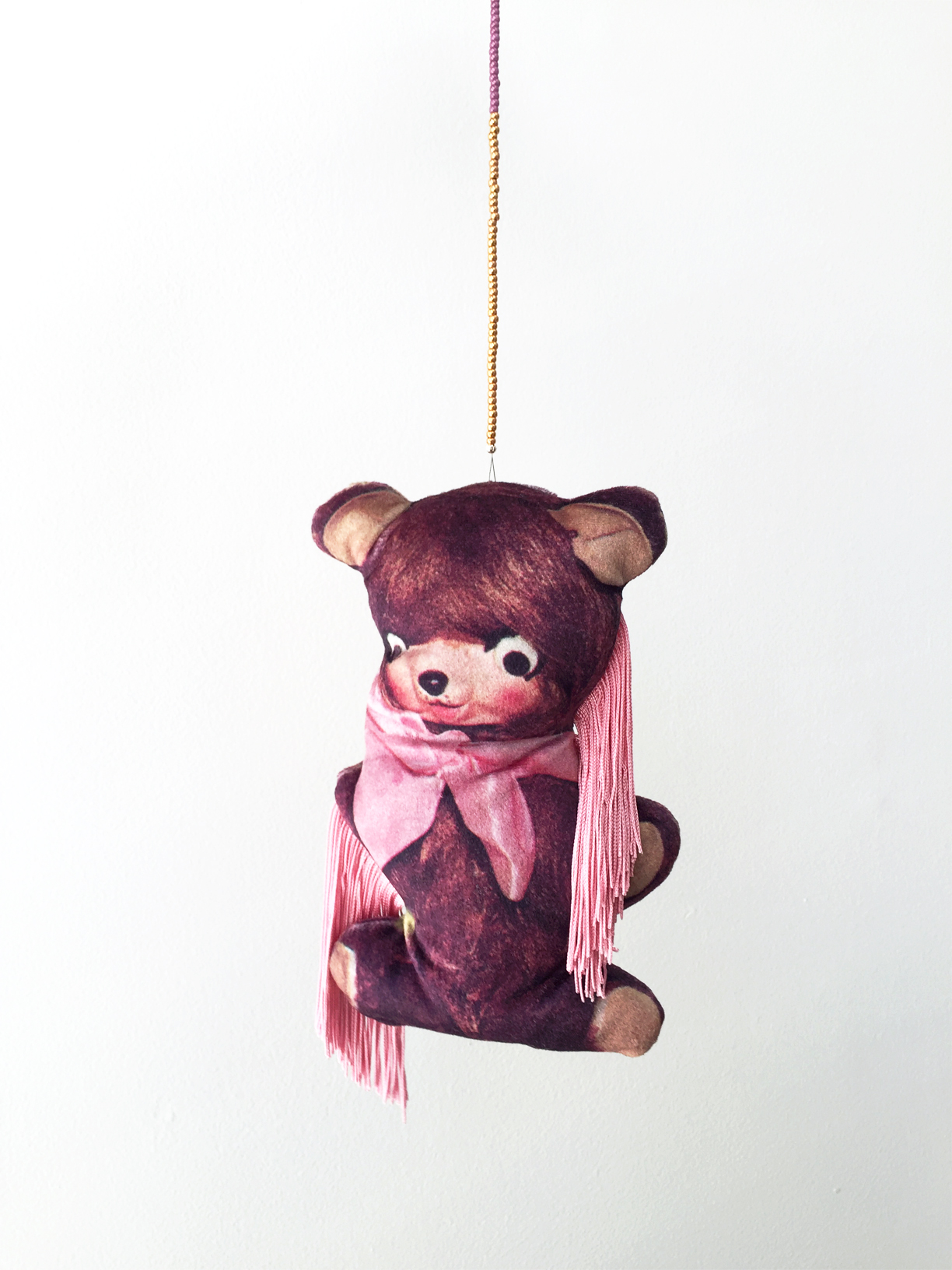 (How to) Make a Bear, 2019, digitally printed velvet, found image, polyester, wool, glass beads