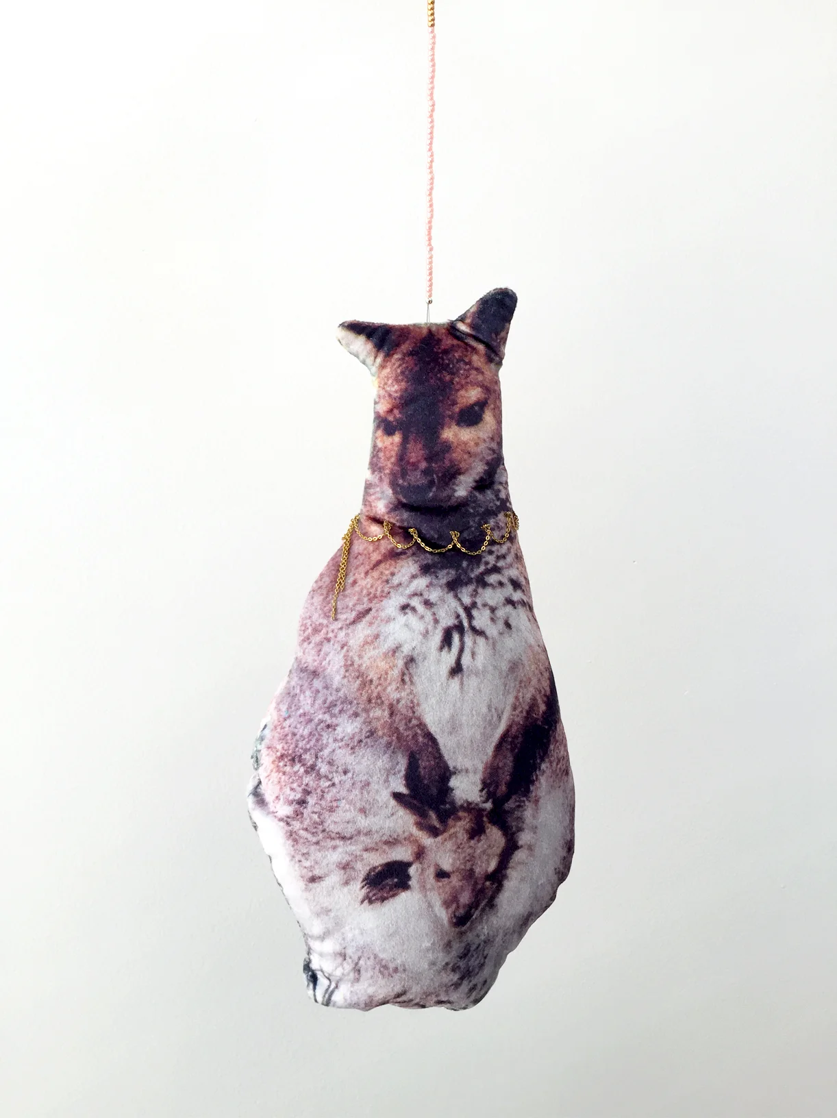 (How to) Make a Kangaroo, 2019, digitally printed velvet, found image, chain, wool, glass beads