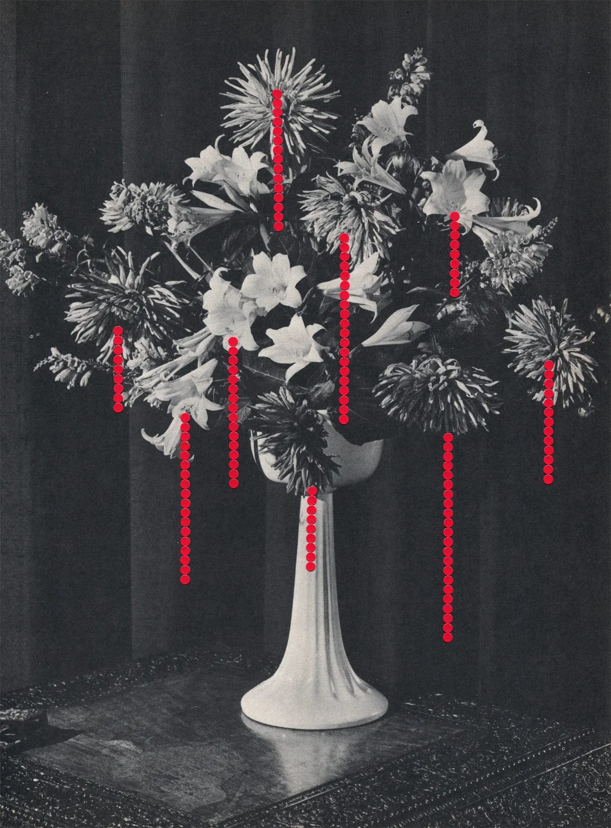 Drips #8, 2019, collage, found paper, dot stickers