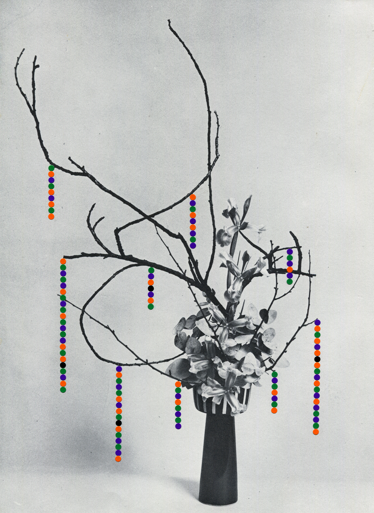 Drips #20, 2019, collage, found paper, dot stickers