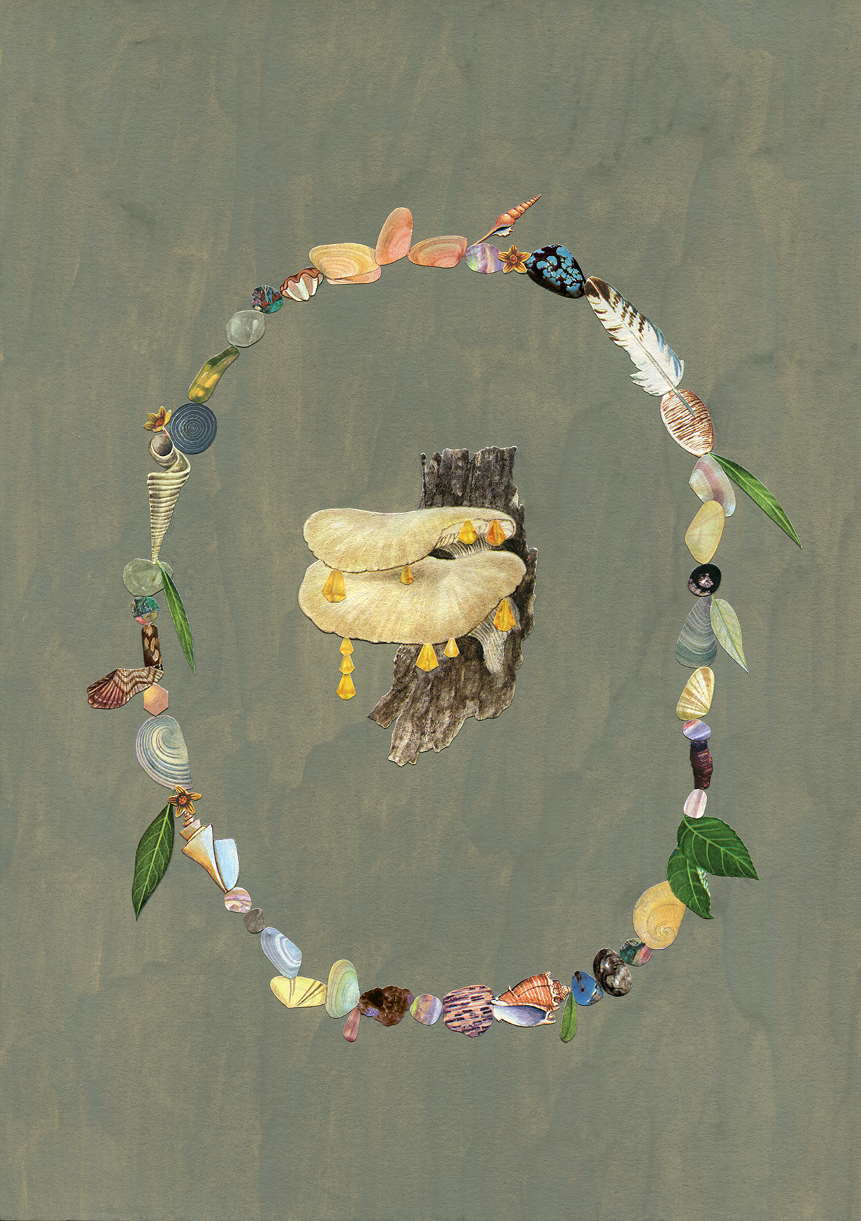 Mushrooms with Beaded Necklace # 2, 2020, collage, found paper, acrylic gouache, 210mm x 297mm