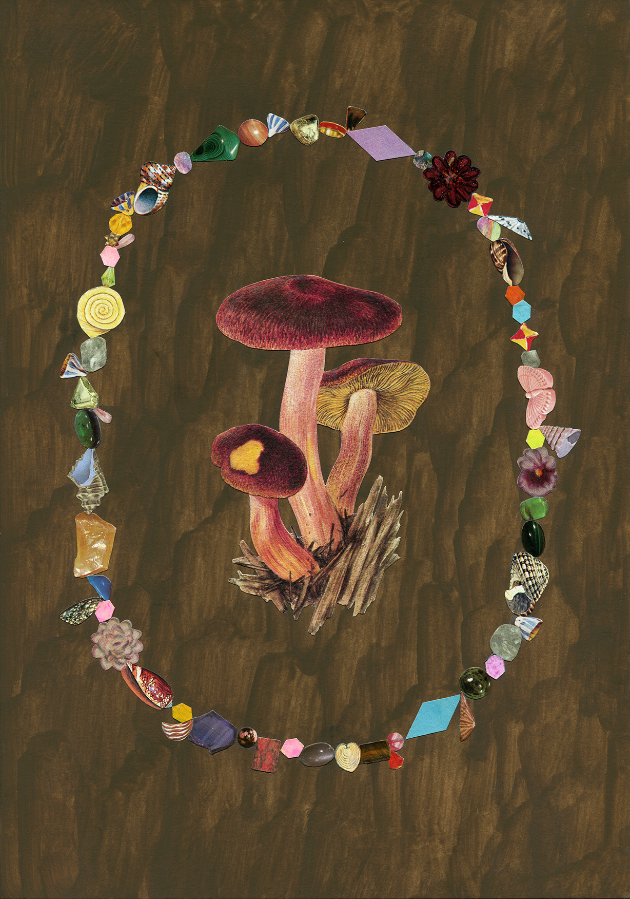 Mushrooms with Beaded Necklace # 3, 2020, collage, found paper, acrylic gouache, 210mm x 297mm